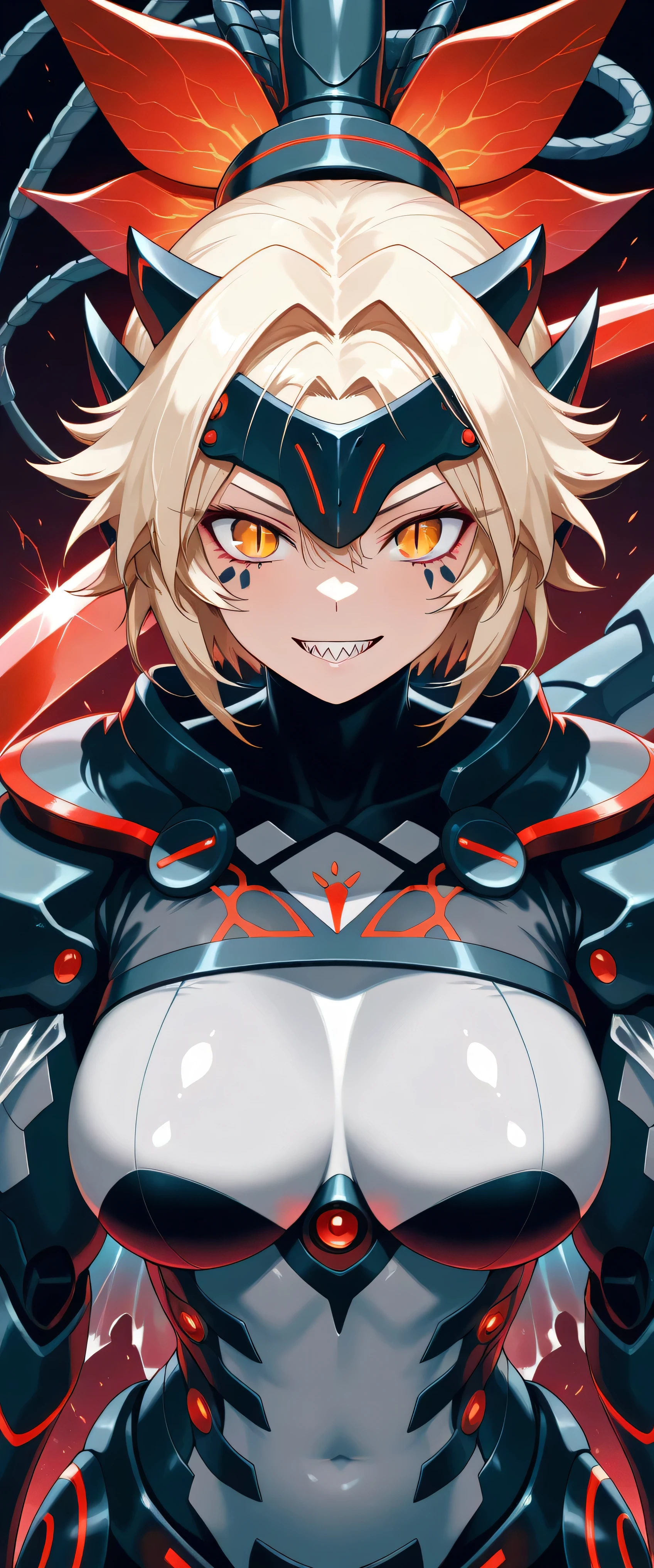 dinomorphia kentregina, 1girl, solo, looking at viewer, mechanical headgear, grey bodysuit, medium breasts, upper body, slit pupils, simple background, large breasts, slim waist, mechanical gauntlets, mechanical forehead protector, facial mark, sharp teeth, red arm blade, see-through cape, mecha dragon girl, from above
masterpiece,best quality,amazing quality,very aesthetic,absurdres,newest,