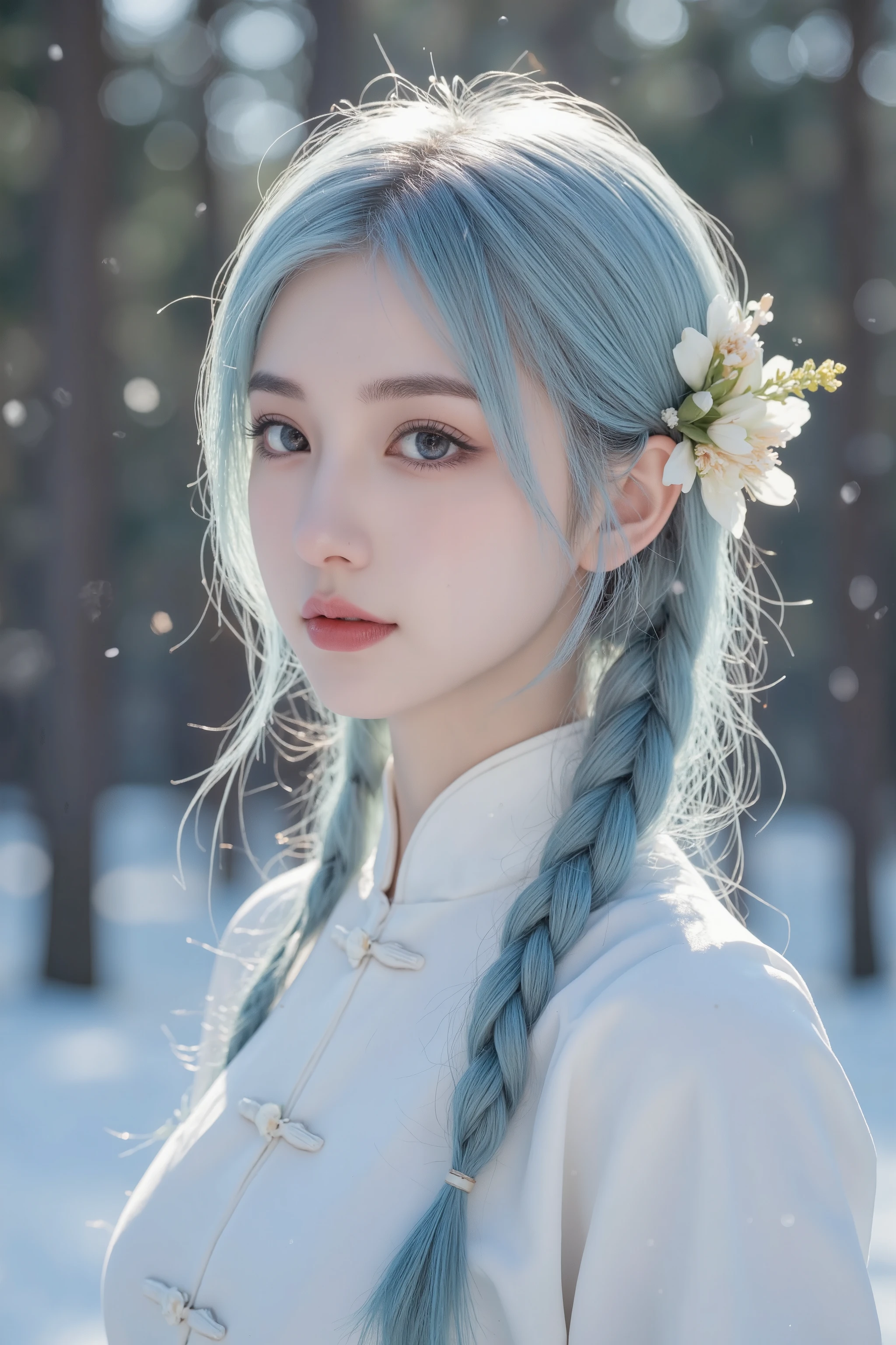 fantasy portrait photo of a young woman with beautiful make up, she has blue eyes and long light blue hair, she wearing a Chinese white tunic, she has long braid hair style decor with flower hairpin, standing in a winter forest, snow fall in background, soft focus, sunlight outline her body, bokeh