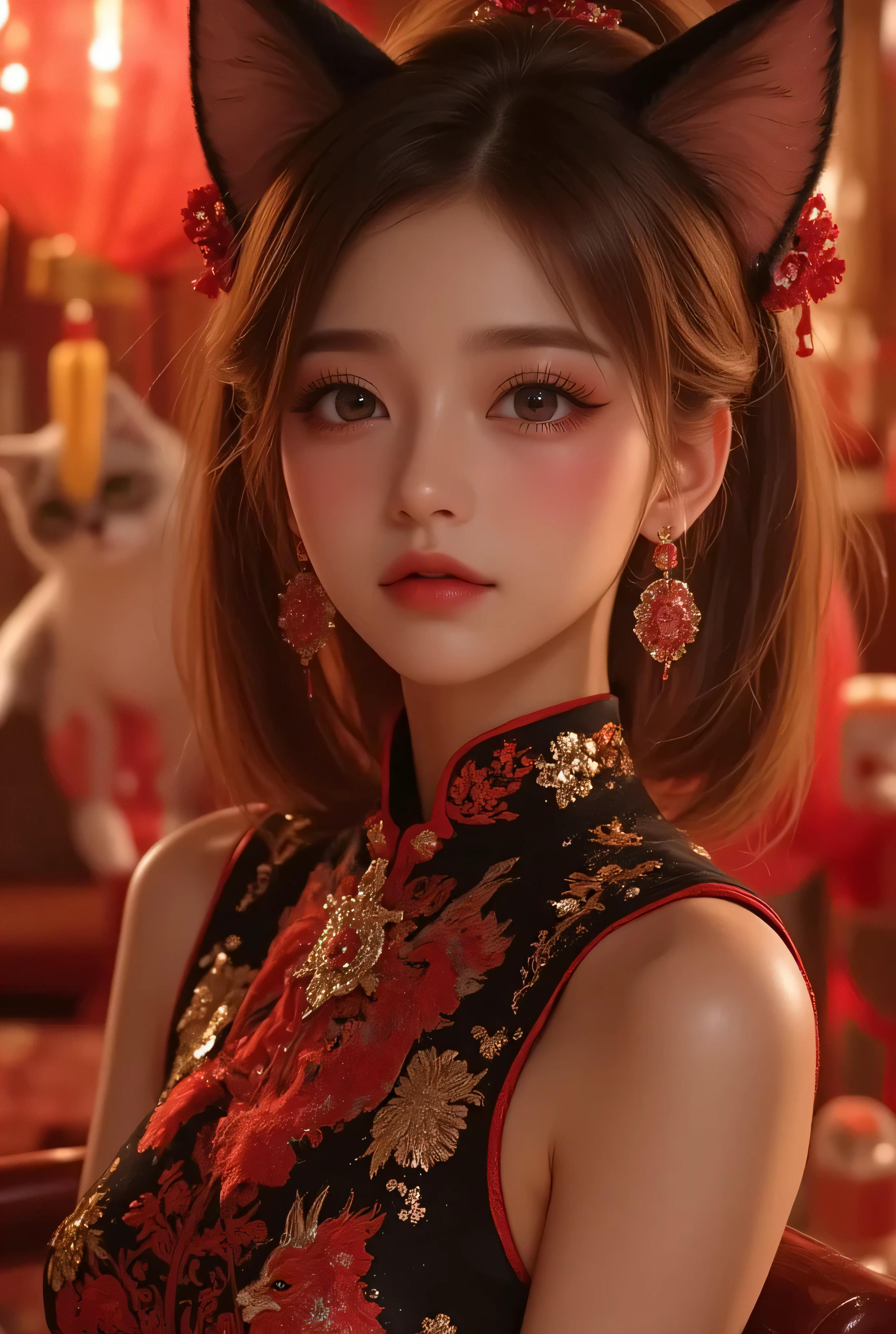 Cat ears、 face up, attractive, pretty girl, ponytail、few beautiful lady hair decorations, (( fine facial features , eroticism)), dramatic lighting , realistic , 8k, Dramatic Shadows , intricate and elaborate patterns , super detailed photo , chiaroscuro lighting , Pleasant colors , deep contrast , super real 、 pink lipstick、 warm room、Vintage Fireplace 、 cinematic composition、Close-up of face, pretty half part transparent open shoulder loose outfits dress, tang style, A beautiful Korean idol wearing a one piece red- black tightly cheongsam with phoenix and intricate floral golden embroidery, golden and silver outline on dress, standing gracefully in a room filled with traditional Chinese New Year decorations. The room features vibrant red lanterns, decorative calligraphy scrolls, a small Chinese orange tree with golden ornaments, and several red envelopes scattered across the floor and hanging from the tree. Adorable, playful cats are part of the scene—some sitting near the tree, others curiously pawing at the red envelopes or lounging around. Through a window or an open door in the background, vibrant Chinese fireworks light up the night sky in an array of reds, golds, and blues, casting a magical glow into the room. The idol’s outfit is paired with subtle accessories like red hairpins or earrings, complementing the festive look. The atmosphere is warm and lively, filled with the joyful essence of the celebration, enhanced by the shimmering lights of the fireworks and the lively decor.
