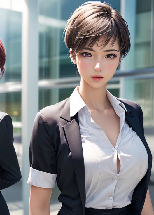 best quality, masterpiece, 1 girl, beautiful face, (photo photo:1.3), edge lighting, (high detail skin:1.2), 8k ultra hd, DSLR, high quality, high resolution, 4k, 8k, bokeh, absurd, best ratio four fingers and one thumb, (realistic:1.9), cute 1girl, wearing black formal blazer, medium breasts, short skirt, --auto