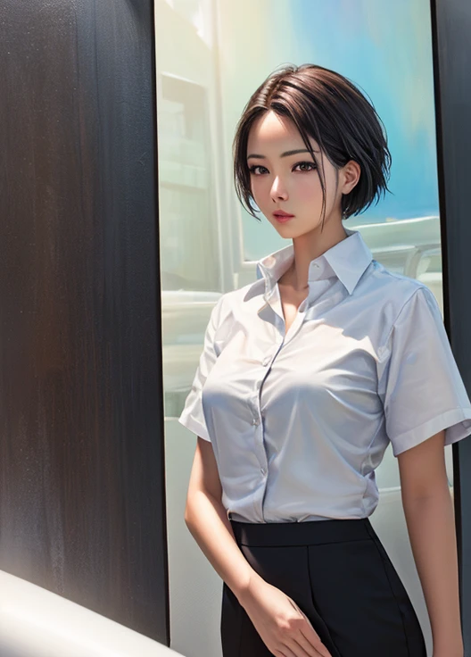 Indoor photo with park outside the window and fresh green trees rendered in detail, standing teenage woman in white thin cotton shirt and light-colored denim pants, Lofi, intelligent, with natural lips, no makeup, she is staring at us, her eyes are brown and detailed rendered, the sun is slightly reflected in her left eye, is a boyish and neutral beauty, small, very small, beige bra is see-through, the afternoon sun is shining on her skin and clothes, there is a beautiful neck and beautiful collarbone, there are supple shoulders and arms and hips, there is her back reflecting in the glass window, best quality, real, photorealistic, best quality, masterpiece, very delicate and beautiful, very detailed, Fine Detail, Ultra Detail, High Resolution, Very Detailed, Realistic, Ultra High Definition, Top Quality, Ultra High Definition, High Quality Textures