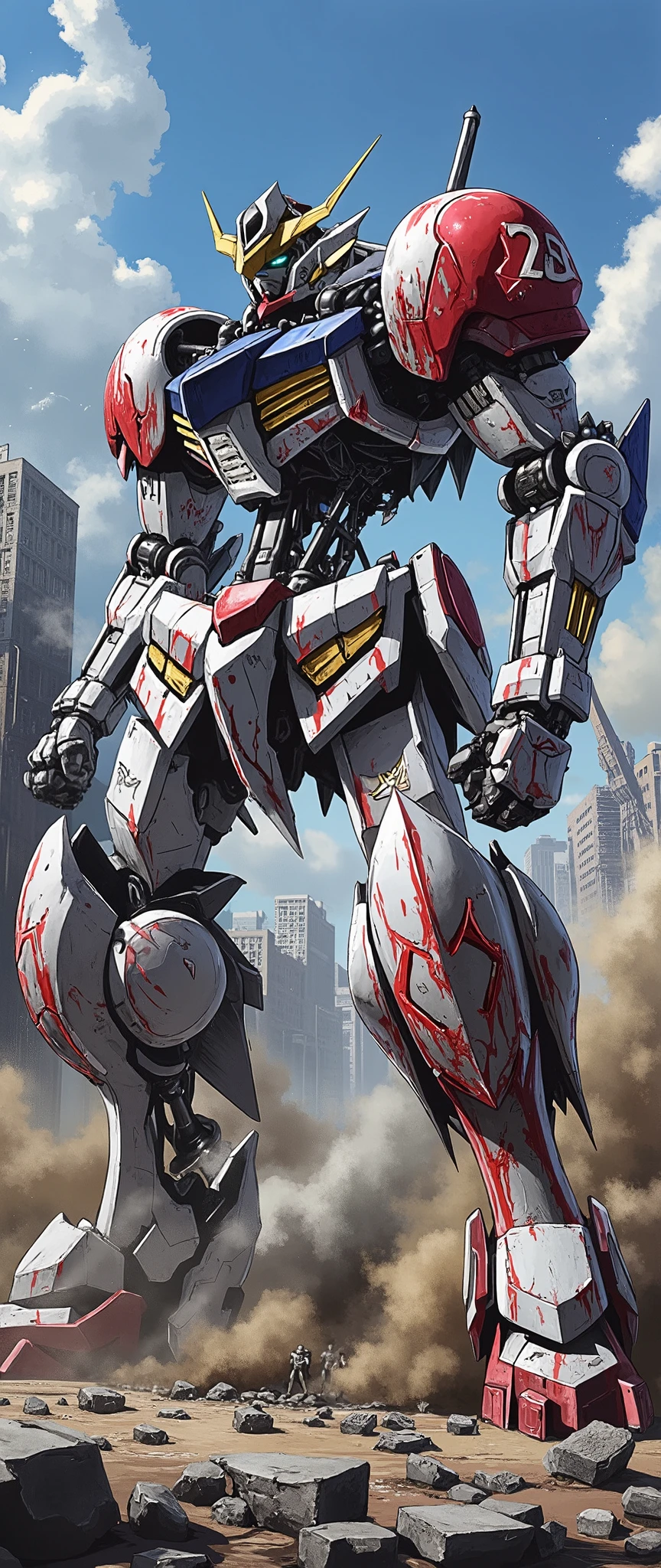 (Giant robots in cities),(gundam_Barbatos ),( The background is a city in battle ),(dynamic),(Hold a large sword with both hands :2.0),( bathed in oil like blood all over the body),(Shining Twin Eyes :2.0),(dust:2.0),(Burning Fire:2.0),( detailed color),( more details:2.0),( from below:2.0)