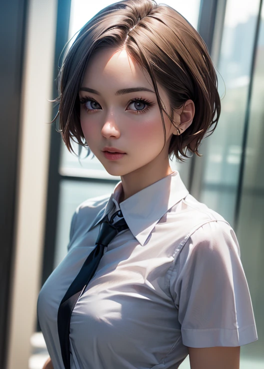 (best quality, 4k, 8k, high-res, masterpiece:1.2), ultra-detailed, (realistic, photorealistic, photo-realistic:1.37), (beautiful detailed eyes, beautiful detailed lips, extremely detailed eyes and face:1.2), studio lighting, physically-based rendering, vivid colors, (big tits, super big tits, super extra big tits), (waist), (business shirt:1.5), (portrait, bob cut), (rainy:1.5),