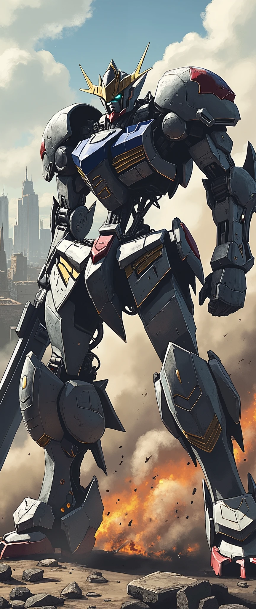 (Giant robots in cities),(gundam_Barbatos ),( The background is a city in battle ),(dynamic),(Hold a large sword like a samurai),( bathed in oil like blood all over the body),(Shining Twin Eyes ),(dust:2.0),(Burning Fire:2.0),( detailed color),( more details:2.0)