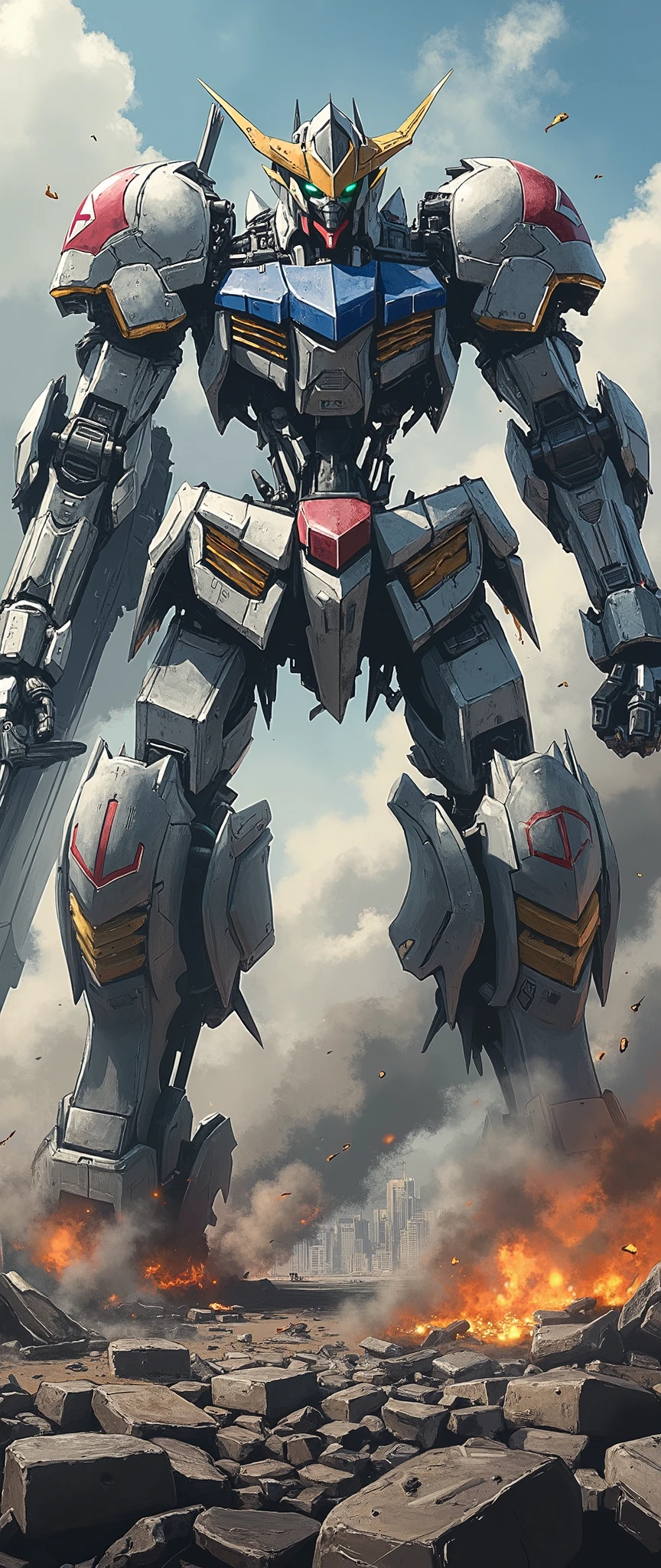 (Giant robots in cities),(gundam_Barbatos ),( The background is a city in battle ),(dynamic),(Hold a large sword with both hands :2.0),(Shining Twin Eyes :2.0),(dust:2.0),(Burning Fire:2.0),( detailed color),( more details:2.0),( from below:2.0)