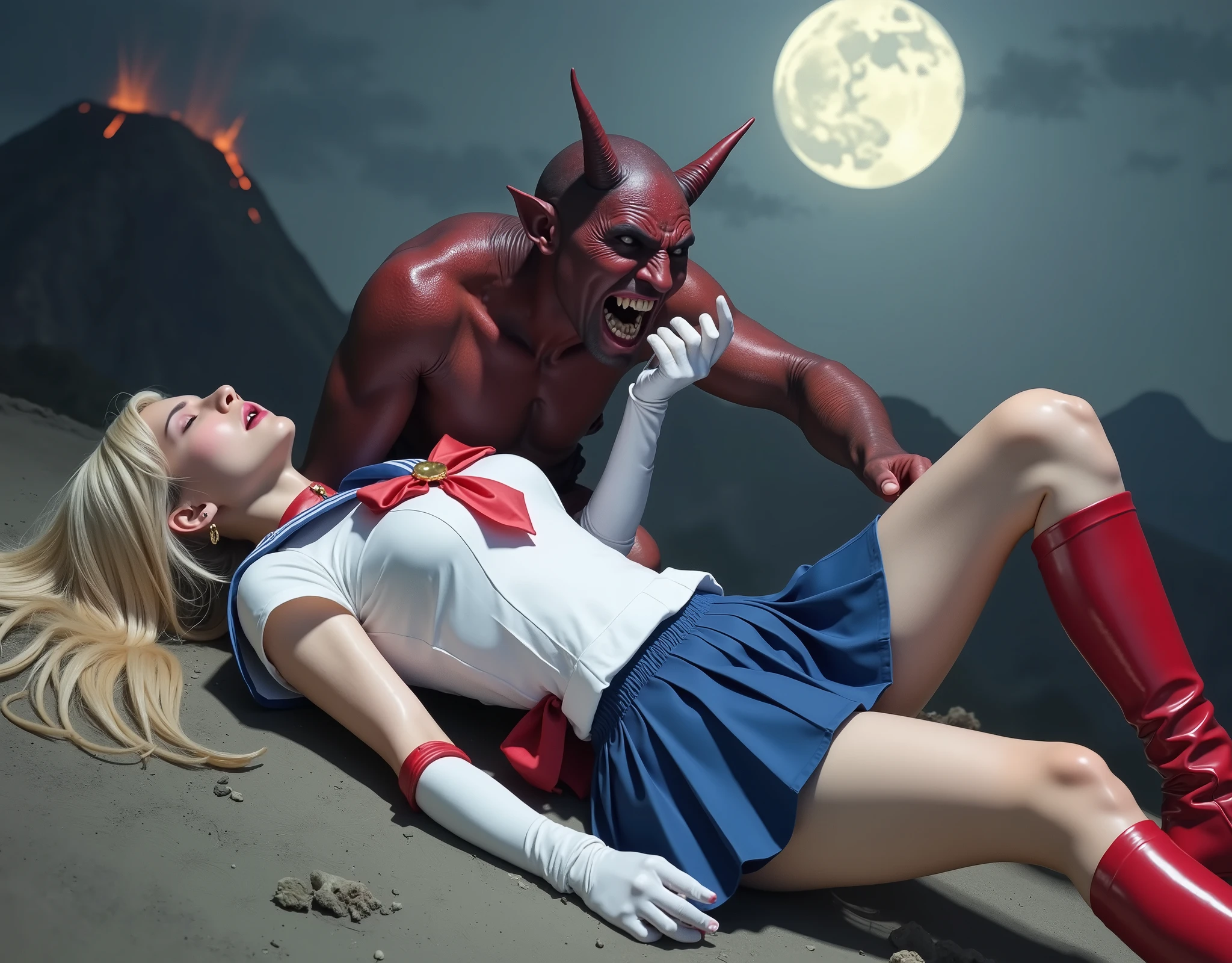 Hyperrealism, masterpiece, highest quality, A young beautiful Japanese woman is laying down flat on the dirt, bright white skin, wound, injury, crying in severe pain, painful face, Wearing a Sailor Moon costume, Blue sailor collar, Blue mini pleated skirt, Long white gloves, shiny beige color pantyhose, red high boots, Exposed thighs, Red long boots, choker, Blonde Hair, Very long blonde hair, (fearful face), close eyes, Bright full moon, a big fierce devil is crawling on her body, crawling attach to her body, holding her body down, devil's hand on her legs, volcano background,