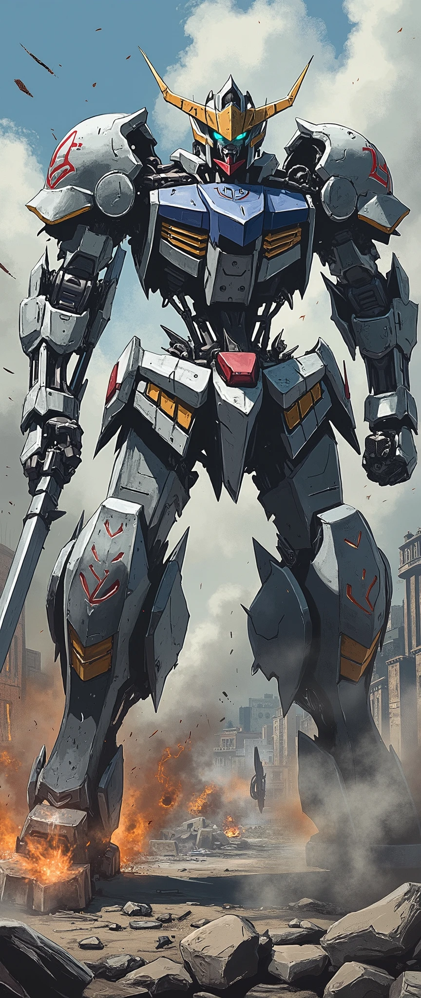 (Giant robots in cities),(gundam_Barbatos ),( The background is a city in battle ),(dynamic),(Hold a large sword like a samurai),( bathed in oil like blood all over the body),(Shining Twin Eyes ),(dust:2.0),(Burning Fire:2.0),( detailed color),( more details:2.0)