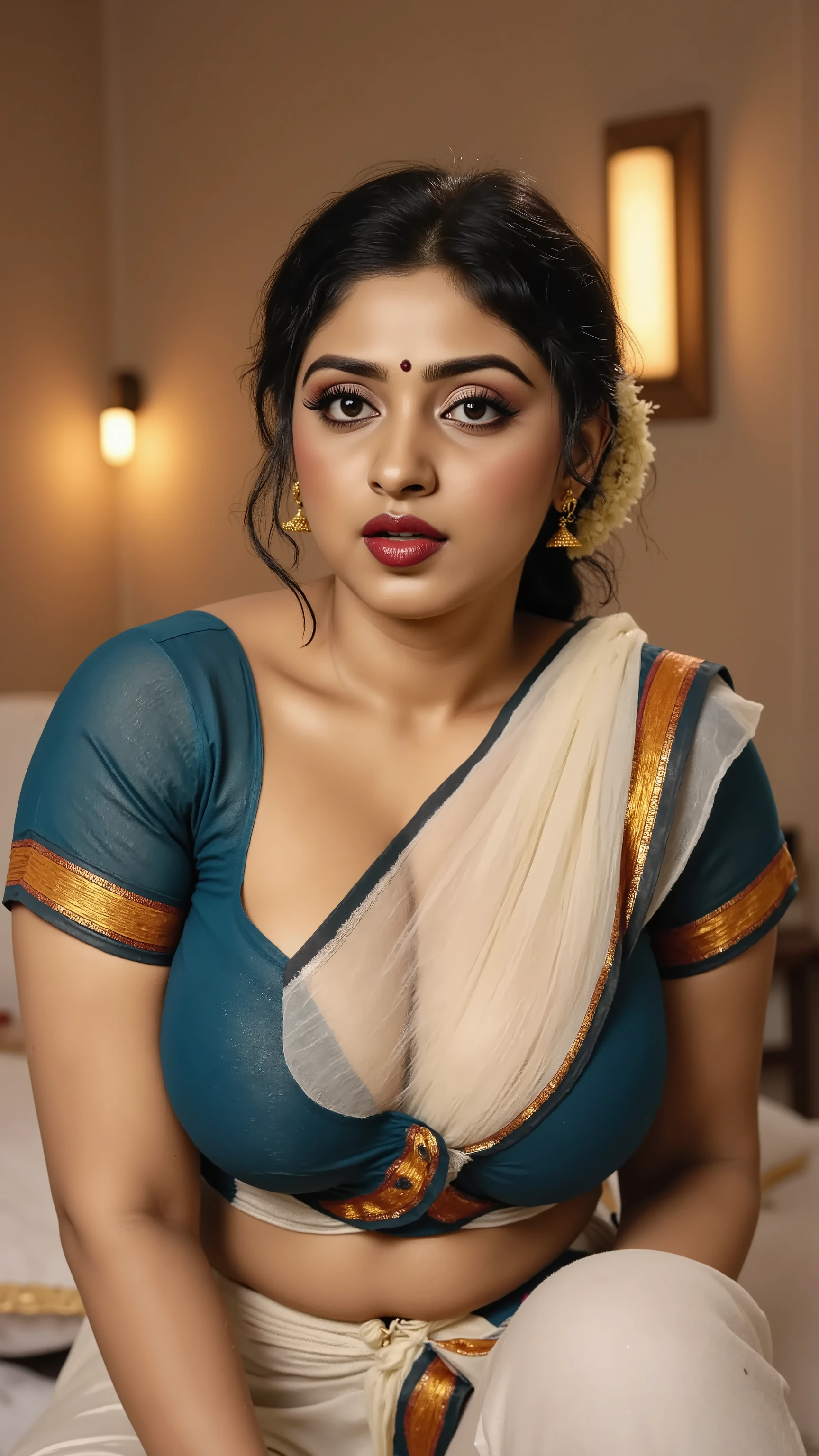 Pov camera view, Indian milf on her knees, looking at camera, with lust in her eyes, black hair tied around, flowers in head,sandal mark on forehead, sindhur on forehead (vermilion mark on forehead in the middle of hair partition,transparent white Saree, dark red lipstick, black eyeliners, eyelashes,eyebrows,eyeshades,golden noserings,hanging ear rings,long golden chain on neck, ((huge breasts size: 2.0)), Half breasts out of the blouse, sexy cleavage, peacock blue with golden emproydered colour blouse, thick arms, inside bedroom, 8k , intricate details, dusky skin