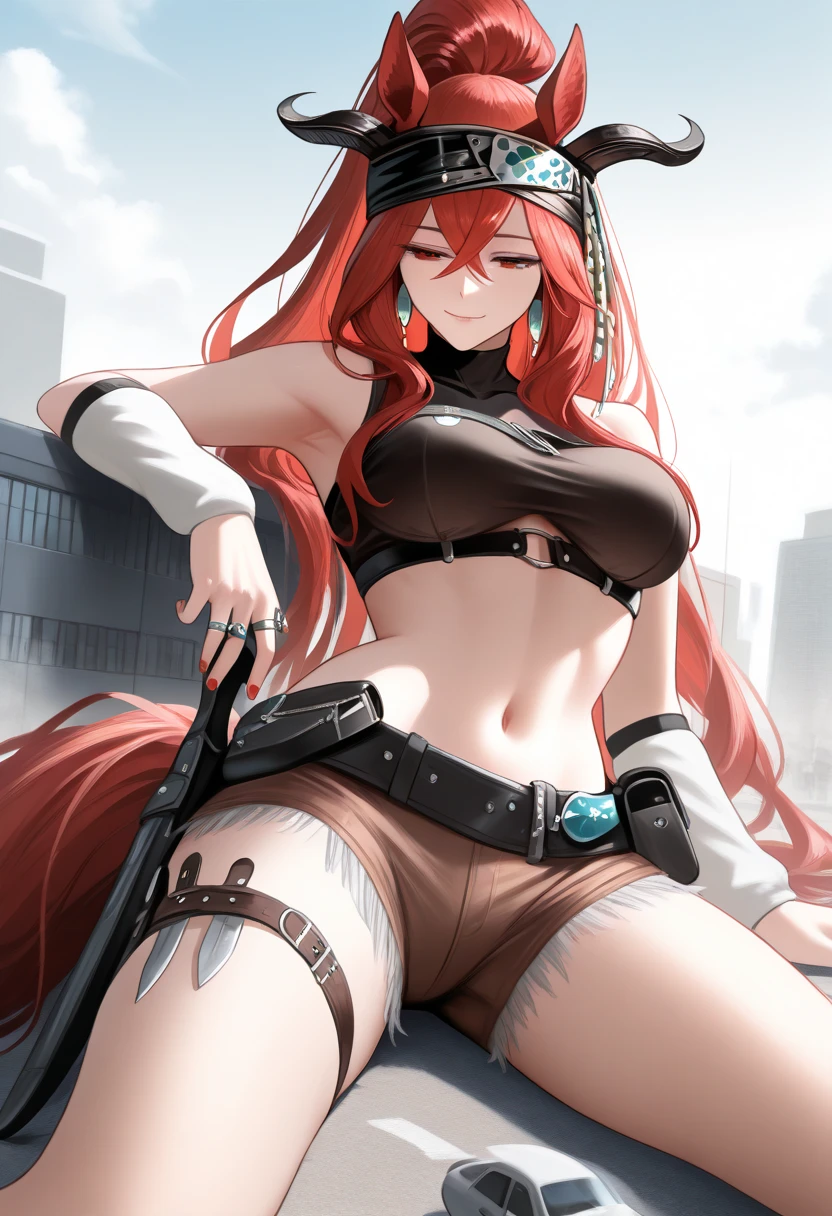 score_9, score_8_up, score_7_up, score_6_up, makise kurisu, red hair, long hair, dark-blue eyes, black pupils, BREAK (masterpiece:1.2), best quality, high resolution, (beautiful detailed eyes:1.3), perfect lighting, (perfect hands, perfect anatomy), hat, fingerless_gloves, gloves, squatting, large_breasts, black_gloves, black_bikini, bikini, police_hat, black_bodysuit, streaked_hair, pink_neckwear, navel, thighs, looking_at_viewer, peaked_cap, covered_navel, armband, sweating profusely, shiny skin, 