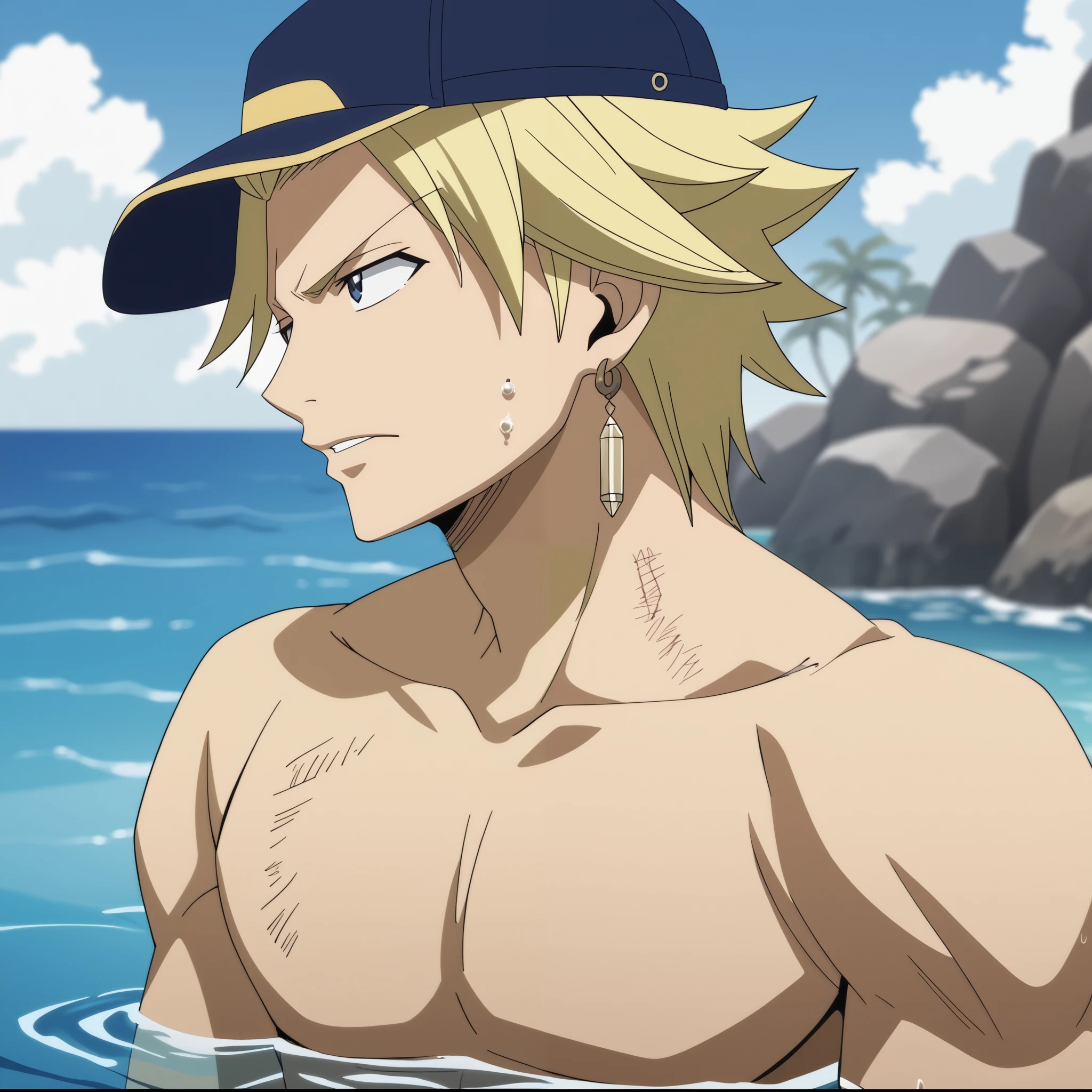 score_9, score_8_up, score_7_up, source_anime, rating_safe, StingFT, Sting blonde hair, light yellow Sting single earring, 1boy, male focus, anime screencap, swimming, akane beach, backwards cap blue