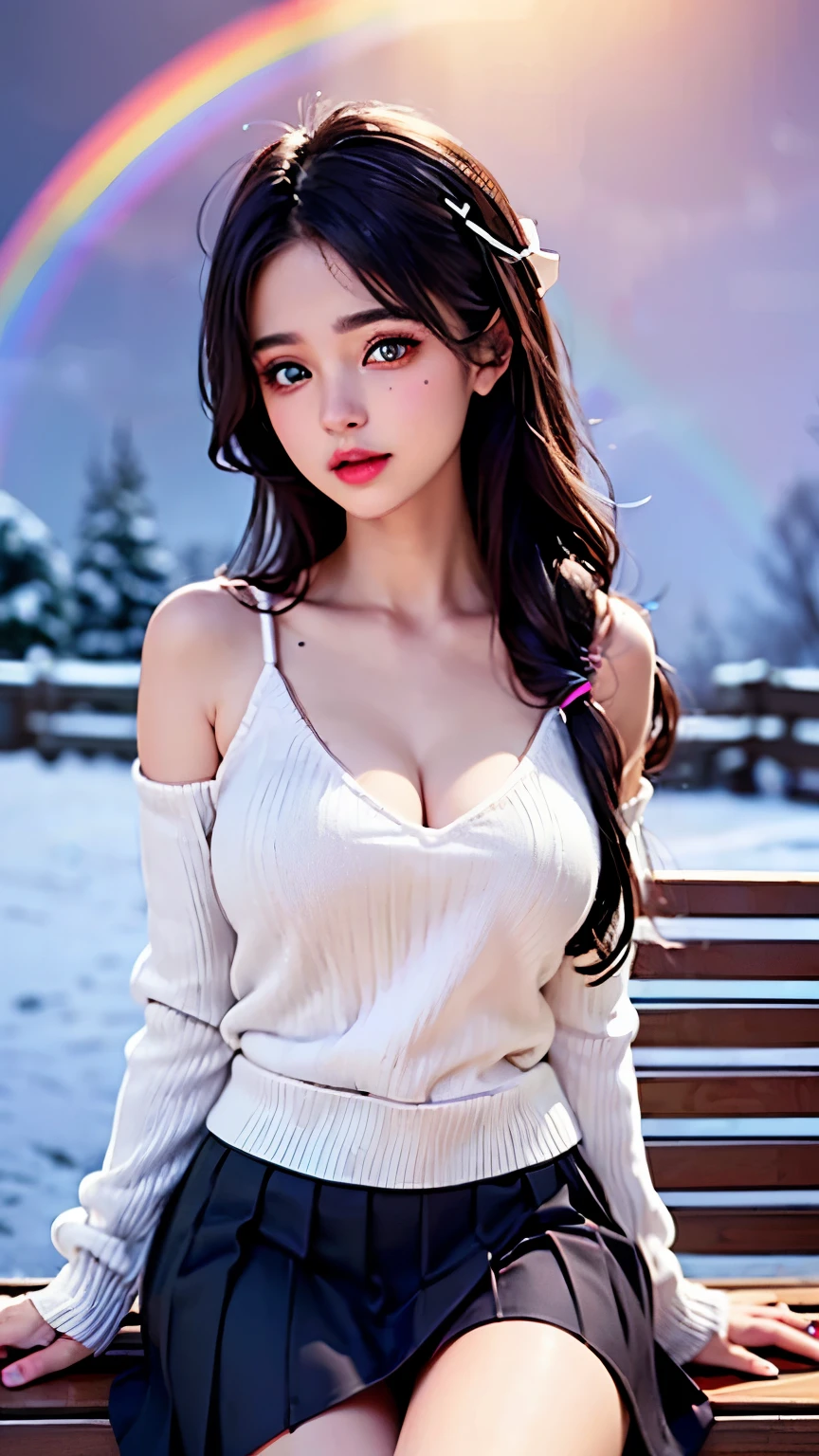 high school girl、 Long Purple Hair That Changes with Light、 I、((Big, patchy eyes that sparkle super))、((((( rainbow heterochromia、)))))、Eye color is different from left to right、Red eyeshadow、 Clear White Skin、 open my mouth slightly 、 thin lips、 pink lipstick、Shy expression、((Beautiful Breasts Facing Up ))、 cleavage in years、((Black spots on breasts))、Exposed shoulders、My sweater is sticking off 、 white sweater 、( Bright Pink Pleated Skirt )、 sunrise and 、 Sitting on a Bench Piling Up with Snow 、((Super beautiful girl))、 HD、((( Super Real )))