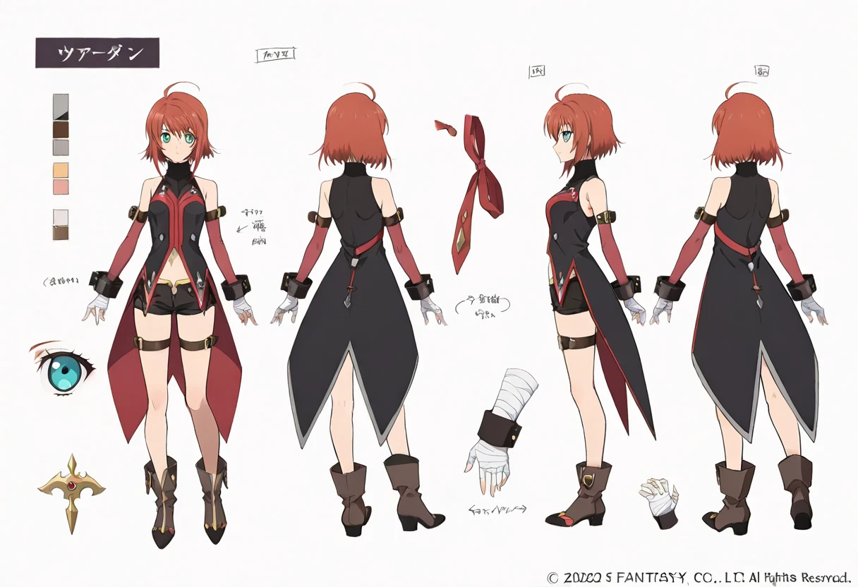 Un primer plano de una mujer con un vestido negro con el pelo rojo, Cushart Krenz Key Art Femenino, ( ( Arte conceptual del personaje ) ), Hoja de referencia de personajes de anime, Anya de Spy X Family, anime character design, Hoja de modelo de alta calidad, Concepto de personaje Arte de referencia, character design art, De Girls Frontline, Arte oficial del personaje, Personaje femenino de anime