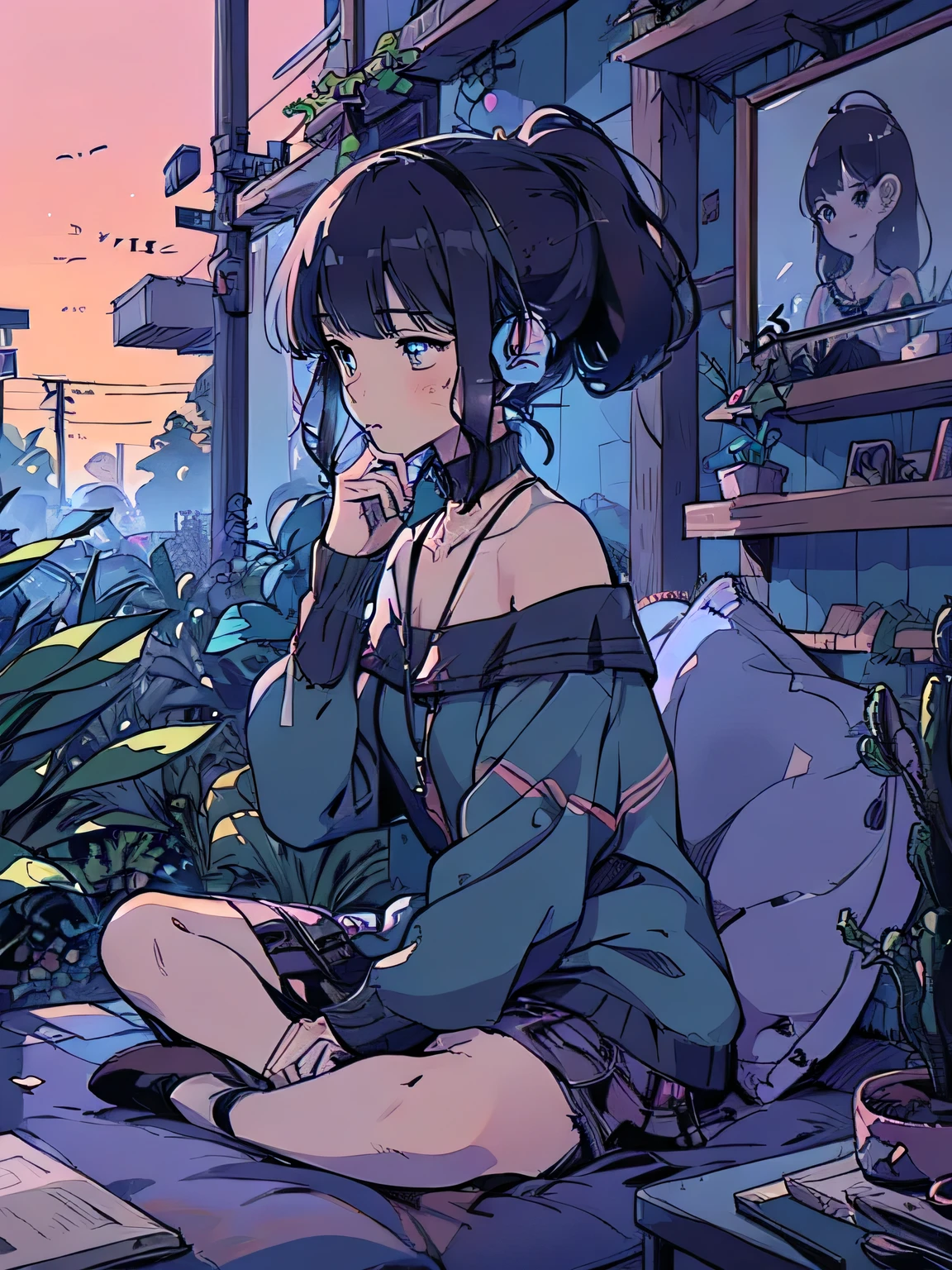 sideview,Alone,fullbody,(sitting indian style),(black color ponytail),forehead,(closed up cute face:1.3),(offshoulder), headphones, detailed sexy dress,gem,Night Sky,bench,garden, detailed graffiti ,Way home from a drinking party ,makeup:1.3,eyelash:1.3, nostalgic idea ,Emotional scene ,(sharpness line),(manga style),(sketch),(illustration), masterpiece, Best Quality ,
