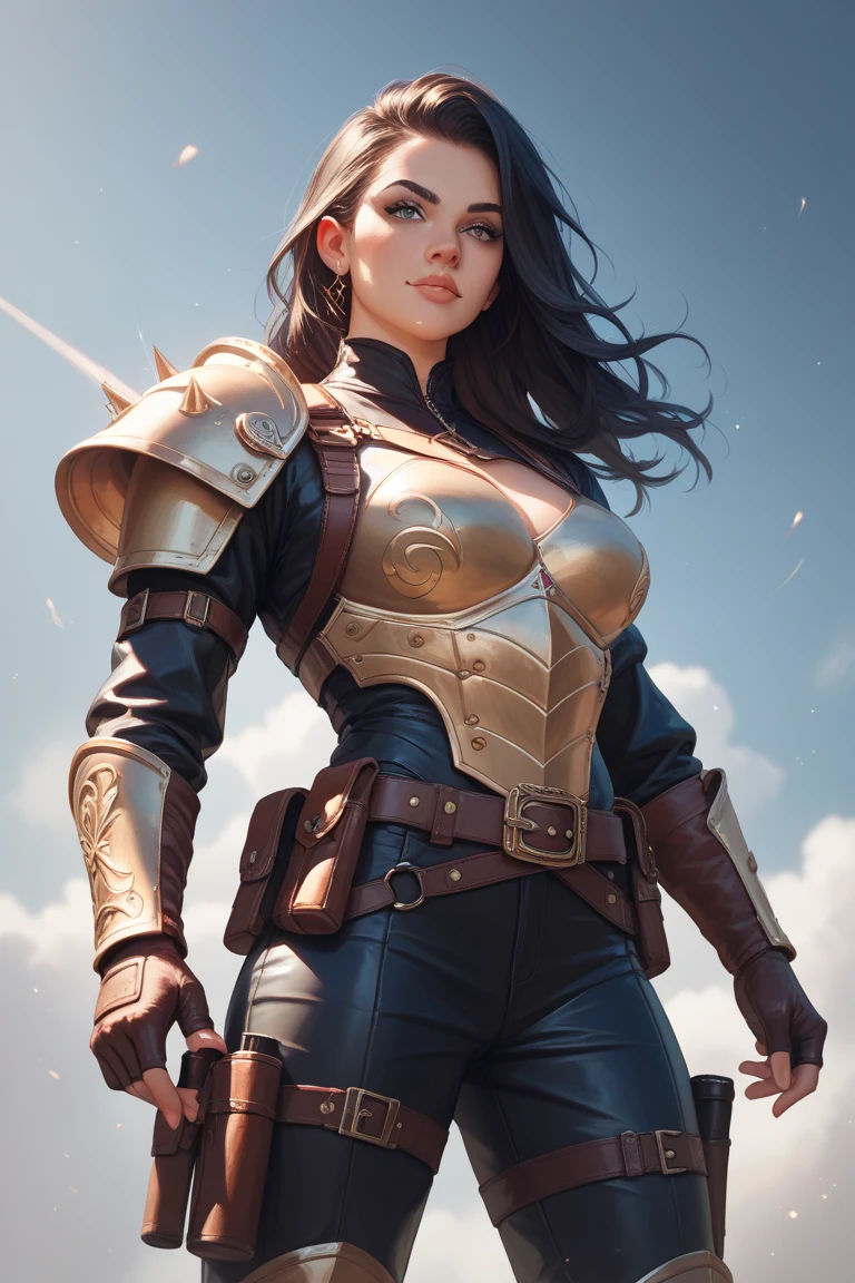 Photorealistic, 8K,Ala Fed poses for photo of a woman in brown armor Woman with fearless features(Face like the real thing) Muscular and macho big breast woman Brown-haired Helly Shorthair Muscular macho brown pants and protectors