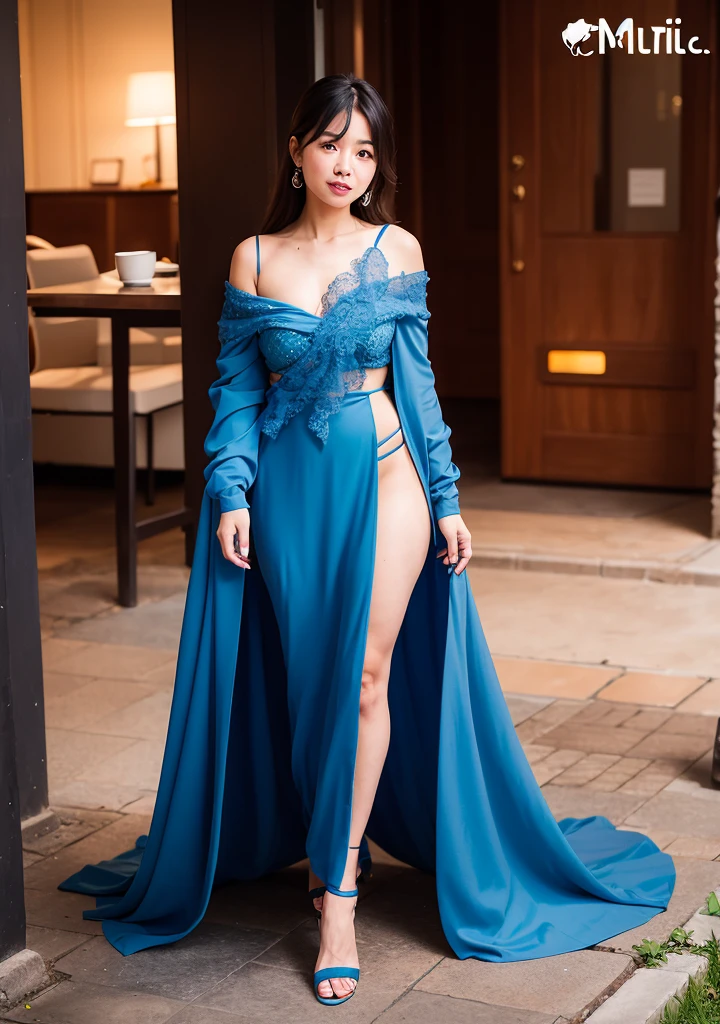 1 mature and gentle woman walking on the river, 23 years old, round chin, double eyelids, smile, mixed 4,, full body photo,, sexy deep V hanging neck, the whole is made of completely transparent soft and silky artificial silk fabric, with lace to add more temptation, sexy skirt slit design, make you more feminine and attractive, thin waist is silky satin skirt, showing the graceful body.