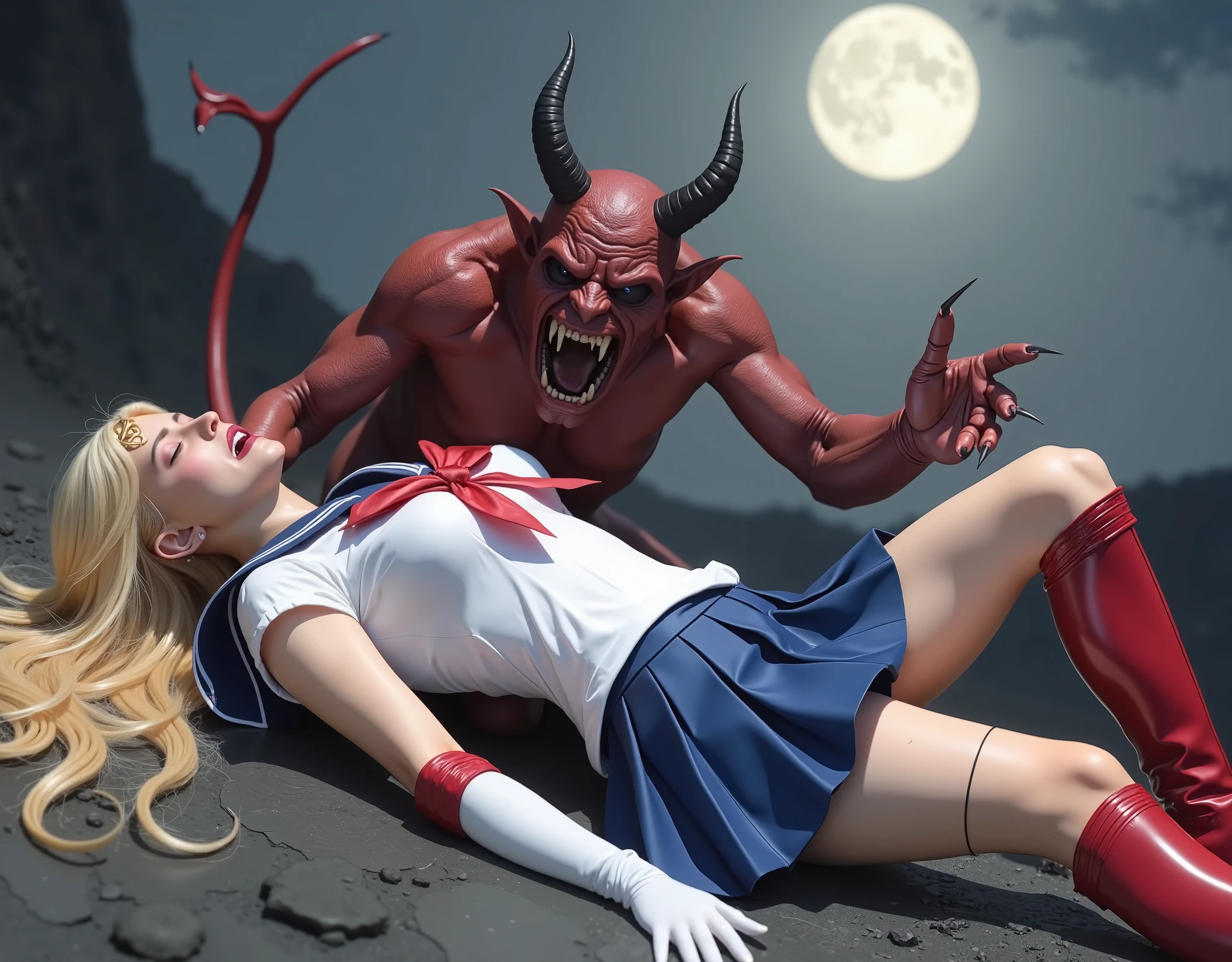 Hyperrealism, masterpiece, highest quality, A young beautiful Japanese woman is laying down flat on the dirt, bright white skin, wound, injury, crying in severe pain, painful face, Wearing a Sailor Moon costume, Blue sailor collar, Blue mini pleated skirt, Long white gloves, shiny beige color pantyhose, red high boots, Exposed thighs, Red long boots, choker, Blonde Hair, Very long blonde hair, (fearful face), close eyes, Bright full moon, a big fierce devil is crawling on her body, crawling attach to her body, holding her body down, devil's hand on her legs, volcano background,