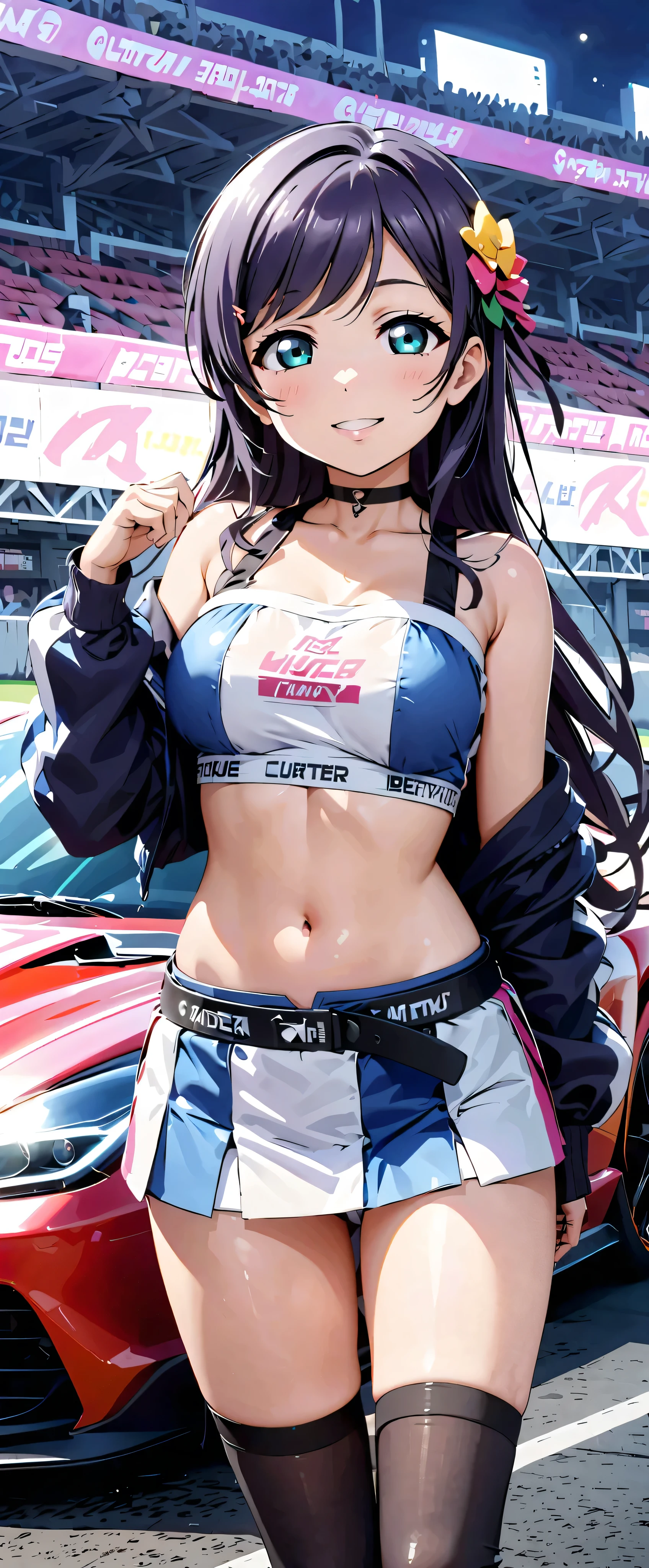 best quality , Ultra high resolution, One person, small breasts , black choker , smile, exposes shoulders, focus only , Audience ,Fair skin,Car racing track, photon mapping, Physically Based Rendering , RAW photos , very detailed background , K-pop Idol , is written in depth, hair ornament, detailed color, glowing skin, game cg,whole body, shiny micro mini skirt,shiny micro tube top,shiny knee-high long boots, race queen,Big Breasts, cute pose , sports car,Hold a jacket in your hand ,Gloss Lip,Tojo