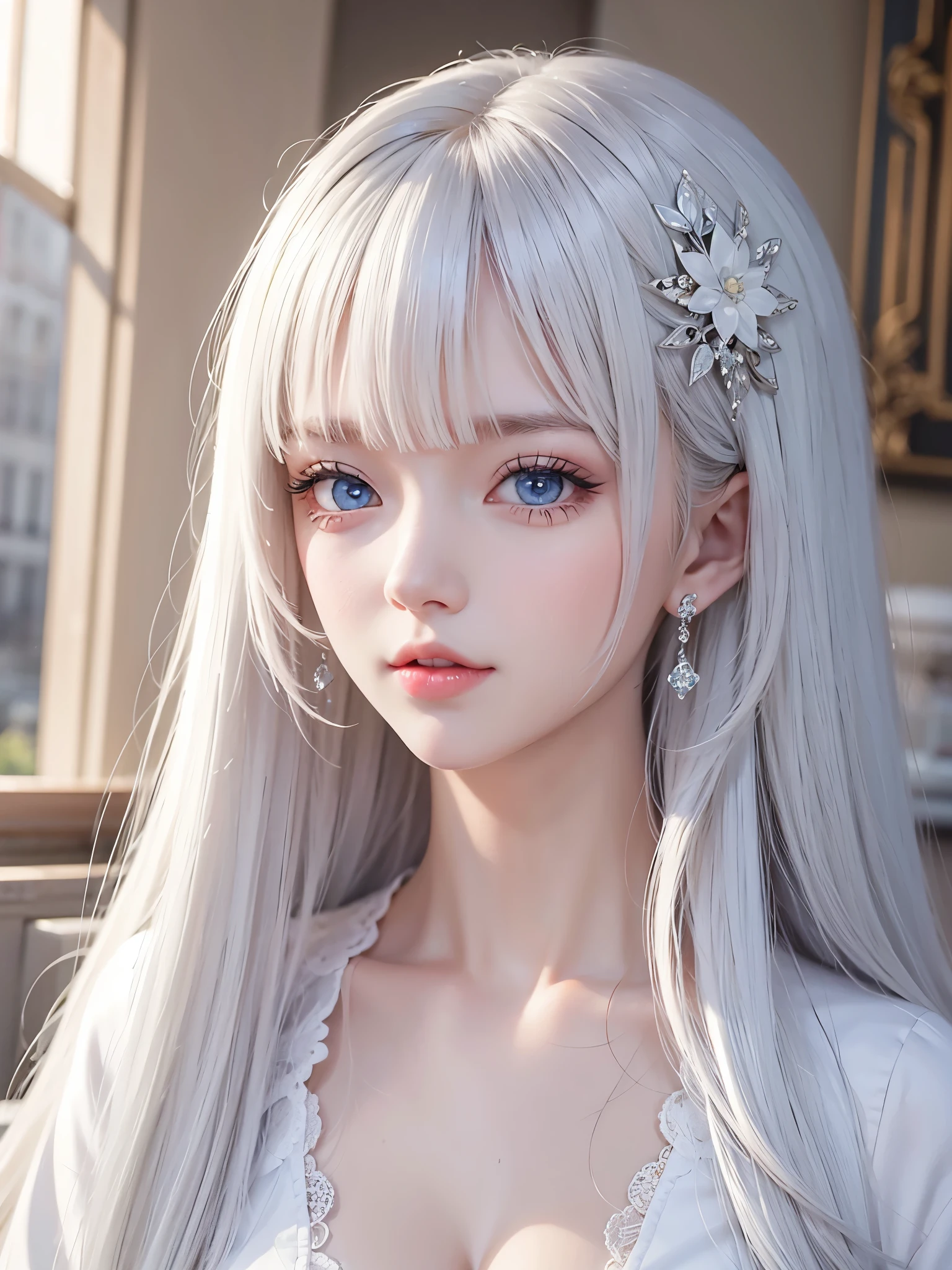 Beautiful white radiant skin, unparalleled beauty, bright, fresh and gentle expression, perfect beautiful cute face, shiny platinum blonde silk super long straight hair, beautiful shiny bangs, very beautiful and beautiful girl, eyeliner, very perfect and beautiful, big clear sky blue eyes, very beautiful bright eye highlights, ((1girl, solo)), side face