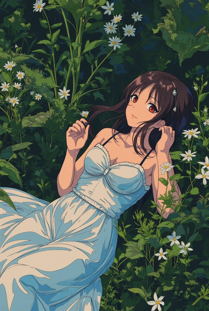 masterpiece, best quality,1girl , (colorful),(finely detailed beautiful eyes and detailed face),laying on flowers,garden ,flowers , petals falling,