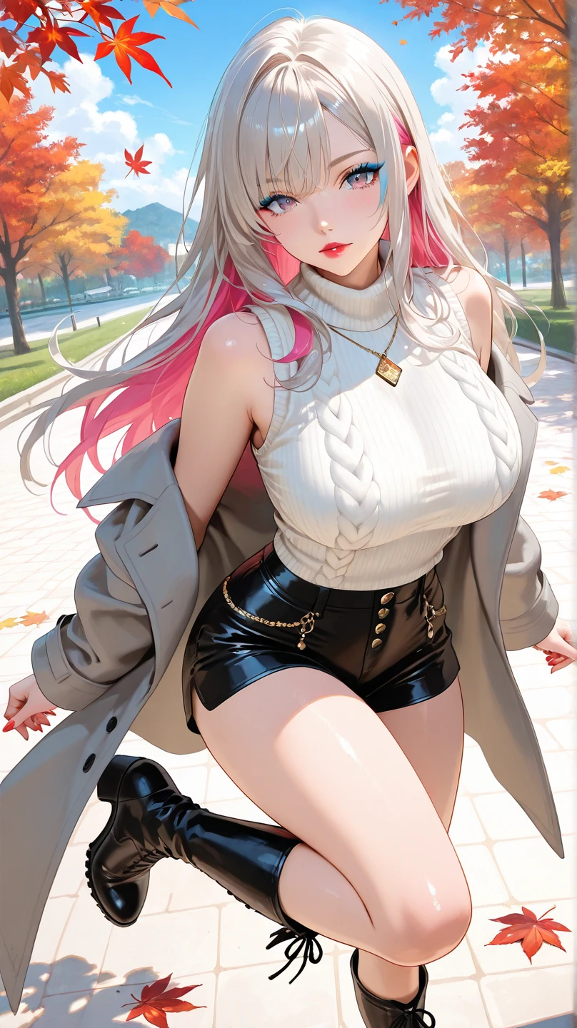 Hatsune Miku ,blush, smileglowing aura, natural light, masterpiece, glossy skin, juicy lips , ,sexy, hot, , cleavage, evil,juicy lips, bimbo, hour glass, blonde hair, wide eyes, green eyes, massive , dark lighting, long hair, pink bow, lplatform shoes, bow in hair, golden round glasses, sandy blonde hair, juicy lips, cowboy shot, ((pink bow)), very long hair, black crop top, shorts, white jacket, choker, fishnet tights, belt, stilleto heels, ((heels))
