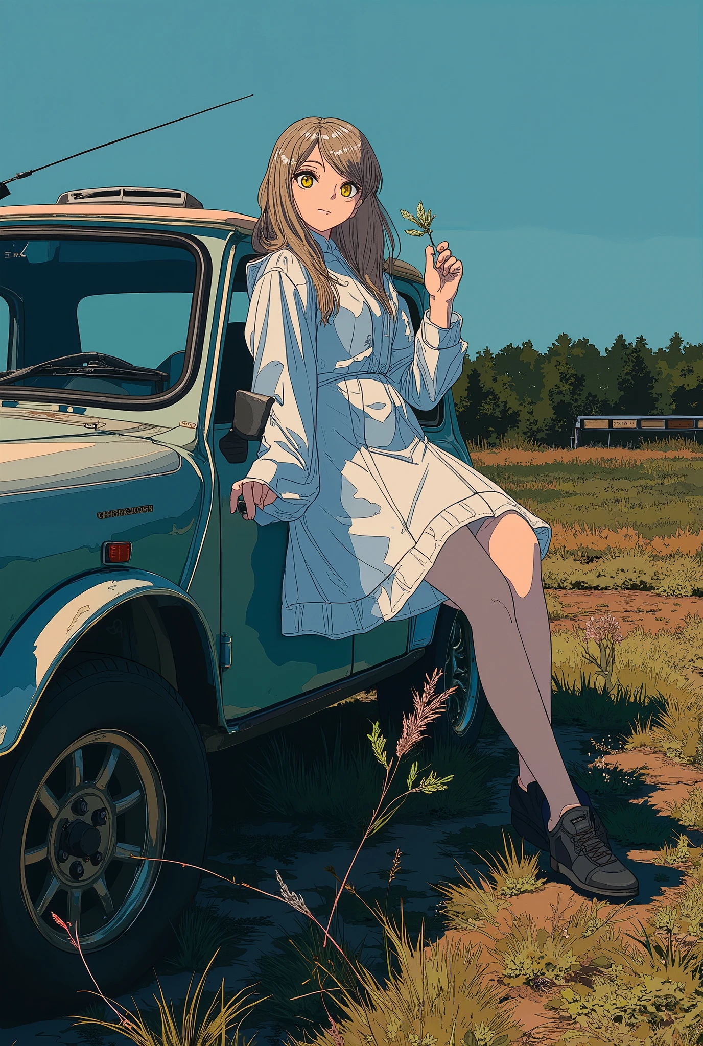 This photo captures a young woman standing next to an old, rusty, turquoise truck in a sunny, rural field. The East Asian woman has a fair complexion and shoulder-length dark brown hair. She wears a light beige sleeveless, knee-length dress with a pattern of small white flowers. Her dress has a fitted bodice and long skirt, which highlights her slender figure. With one hand on the hood of the truck and the other in the pocket of her skirt, she exudes a relaxed and confident demeanor. The truck has a weathered, rusty paint that gives it a vintage feel, with noticeable dents and scratches that show it has seen better days.

The background is a lush green field with wildflowers and tall grass, indicating that this is a rural landscape. The sky is clear and blue, adding to the tranquil atmosphere. The overall tone of the photo is warm and nostalgic, and the sunlight casts soft shadows that highlight the texture of the truck and the woman's skirt.