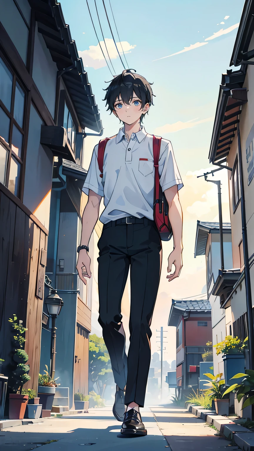 “Full-body portrait of a -yeld Jaese boy in a casual school uniform (white shirt, black pants), with short black hair and a slightly athletic build. He has a determined look in his eyes, symbolizing his inner strength and resolve. Standing in an ordinary suburban street, with a backpack over one shoulder, he appears ready for adventure. His facial expression shows a mix of curiosity and courage, as if he is about to face something unknown. The background shows hints of a crack forming in the sky, adding a sense of impending danger.”