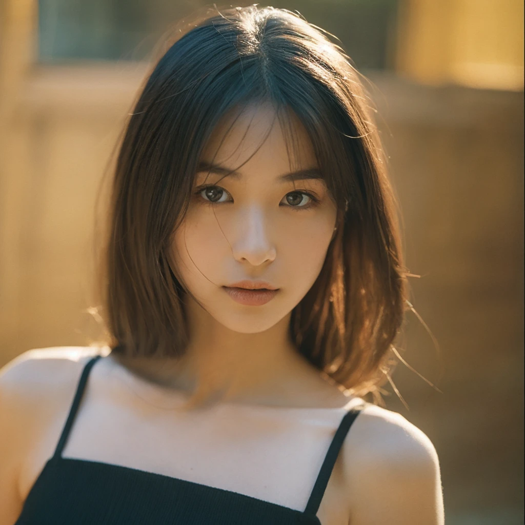 1 Japanese female, 40 years old, very beautiful, (very cute), (Highly detailed beautiful face), wonderful face and eyes, pretty thick hair, different hairstyles, slightly bright eyes, normal makeup, (mini dress with camisole), (highest quality:1.4), (super detailed), Highly detailed CG integrated 8k wallpaper, surreal, (Photoreal:1.4), Raw photo, professional photos, cinematic lighting, realistic portrait, ((Bokeh)), (Depth of the bounds written:1.4), (look at the photographer:1.3), (In a park with a pond), small breasts, Extremely thin waist, (Full body Esbian), accurate eyes, beautiful mouth, (keep your mouth completely closed), (evening:1.3), (look at the camera), (amazing sunset:1.25), sleeveless, melancholy look
