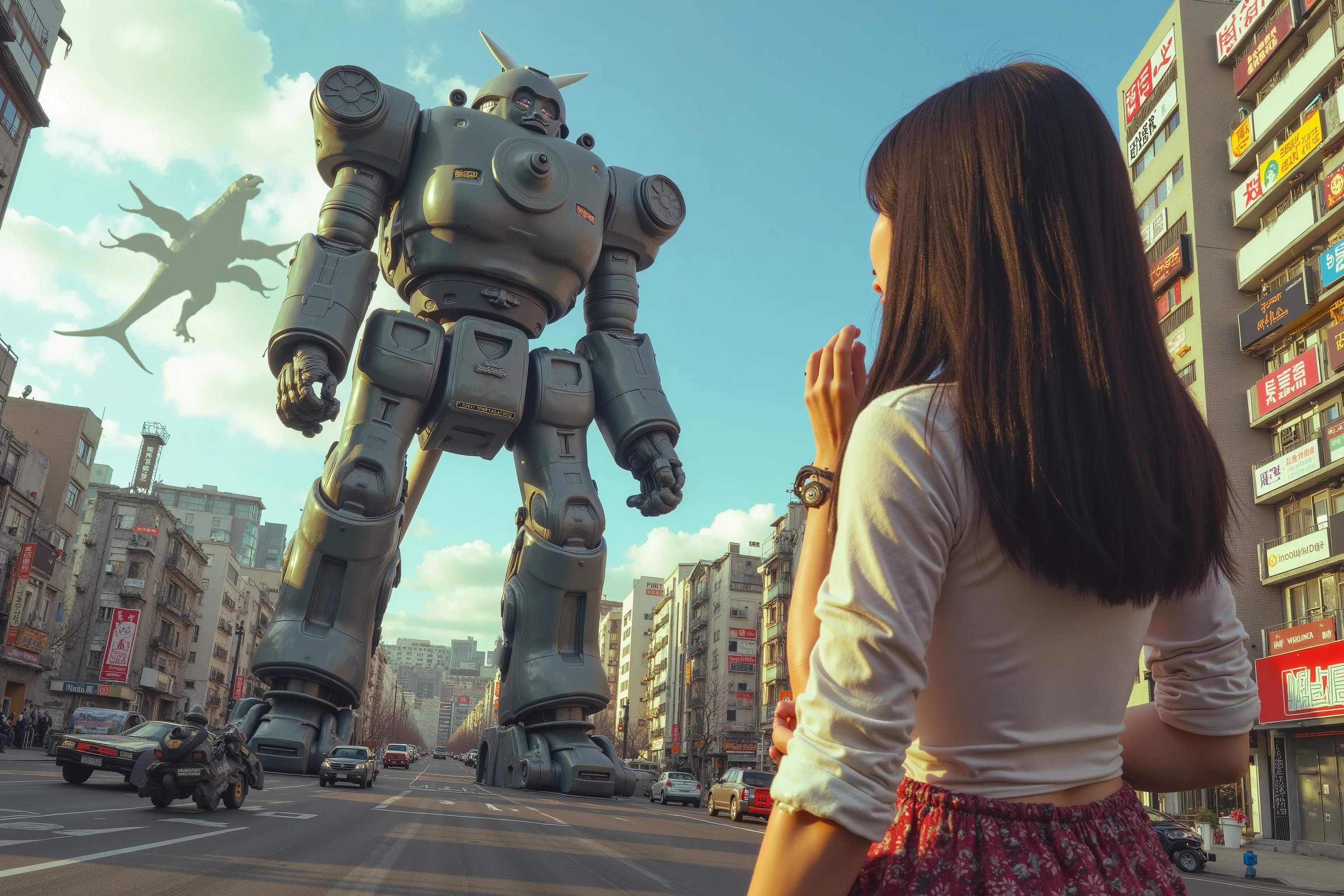 (extreme complexity, multiple unique subjects) she watches in awe as a Giant Robot (1940's retro style robot, Gigantpr of Animation fame, made of huge steel drums with huge ball joints, 30 stories tall) Flies down to land and confront Godzilla (classic movie kaiju, Godzilla). Godzilla is rampaging in Tokyo. Ultra realism, cinematic quality, 8k
