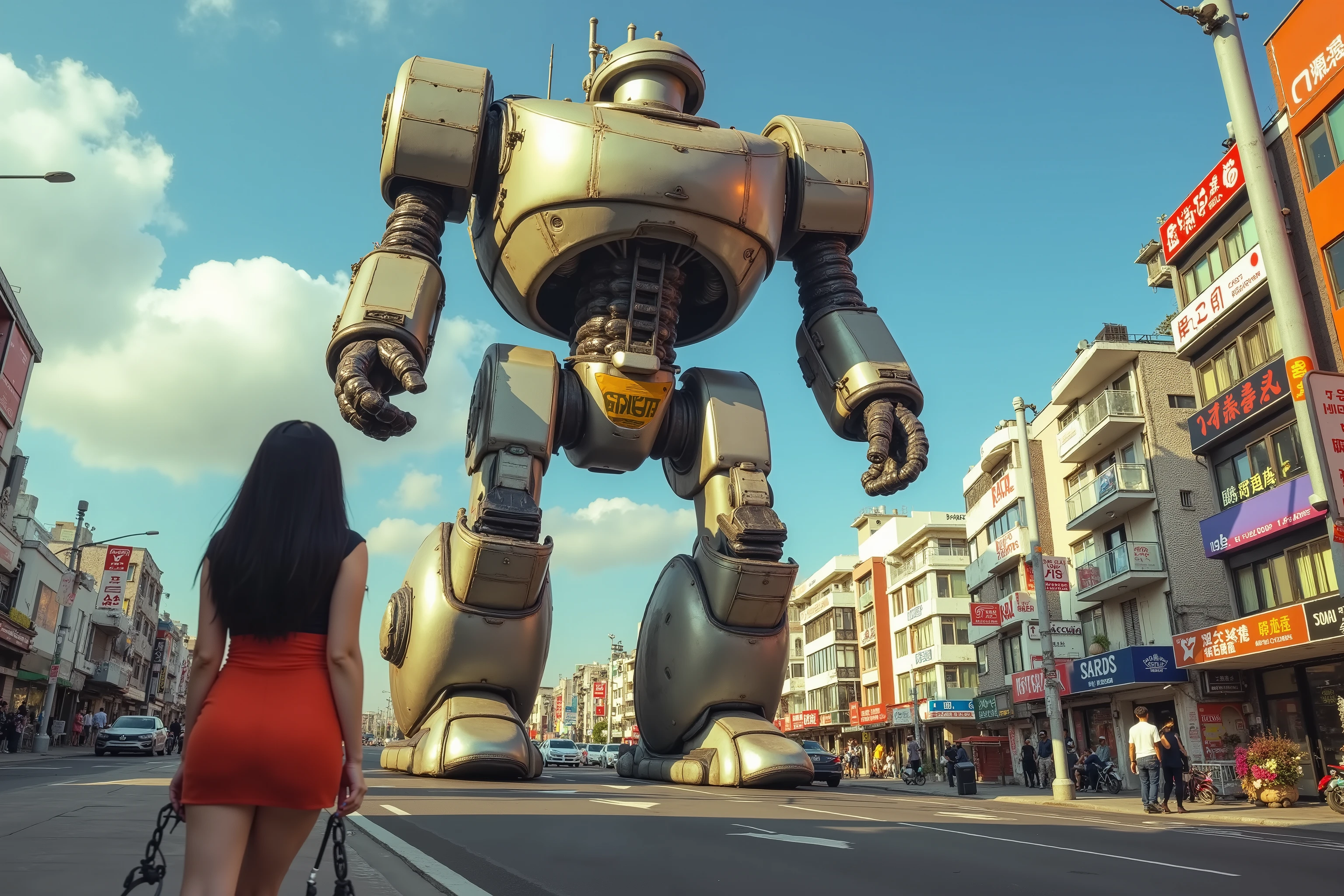 (extreme complexity, multiple unique subjects) she watches in awe as a Giant Robot (1940's retro style robot, Gigantpr of Animation fame, made of huge steel drums with huge ball joints, 30 stories tall) Flies down to land and confront Godzilla (classic movie kaiju, Godzilla). Godzilla is rampaging in Tokyo. Ultra realism, cinematic quality, 8k