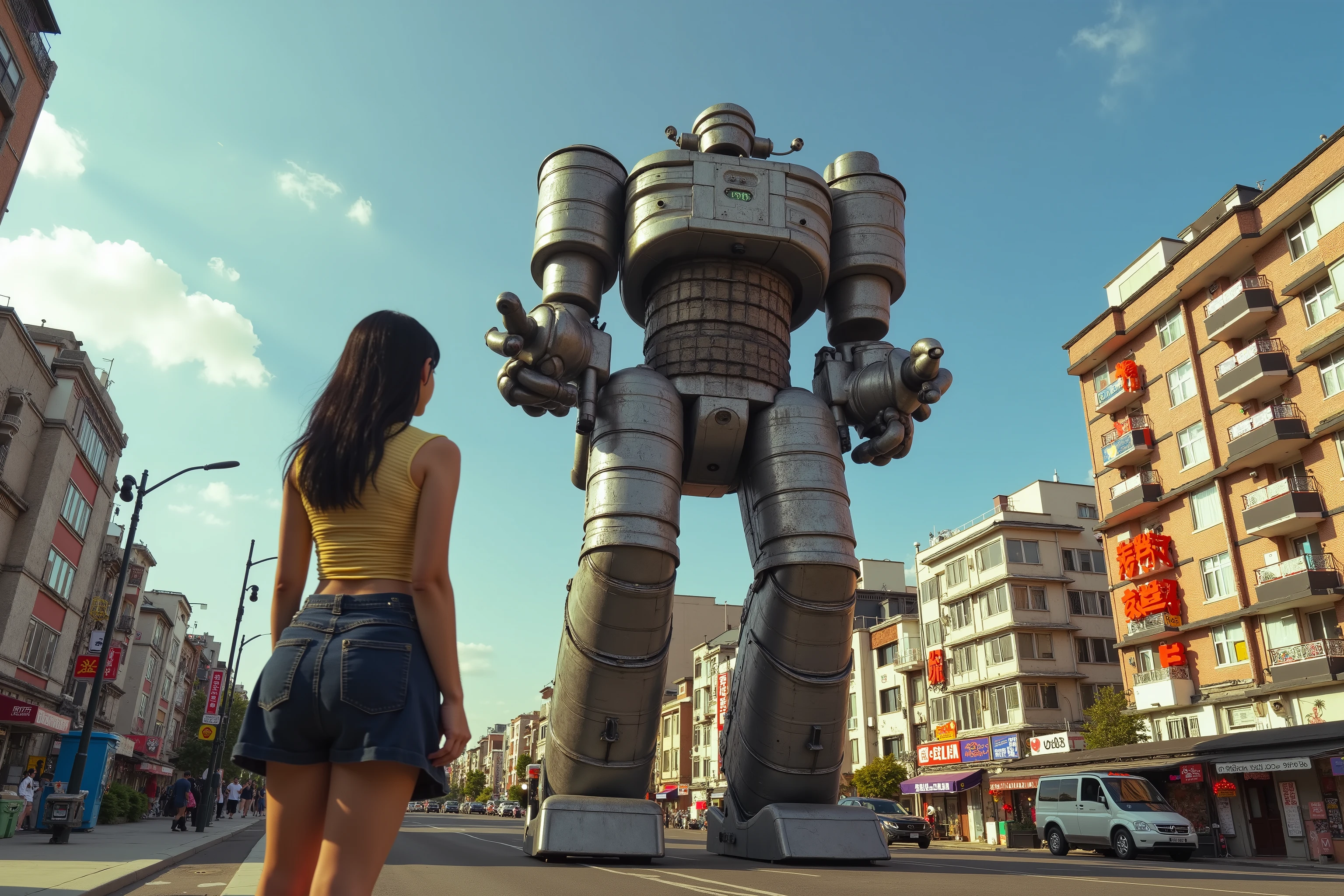 (extreme complexity, multiple unique subjects) she watches in awe as a Giant Robot (1940's retro style robot, Gigantpr of Animation fame, made of huge steel drums with huge ball joints, 30 stories tall) Flies down to land and confront Godzilla (classic movie kaiju, Godzilla). Godzilla is rampaging in Tokyo. Ultra realism, cinematic quality, 8k