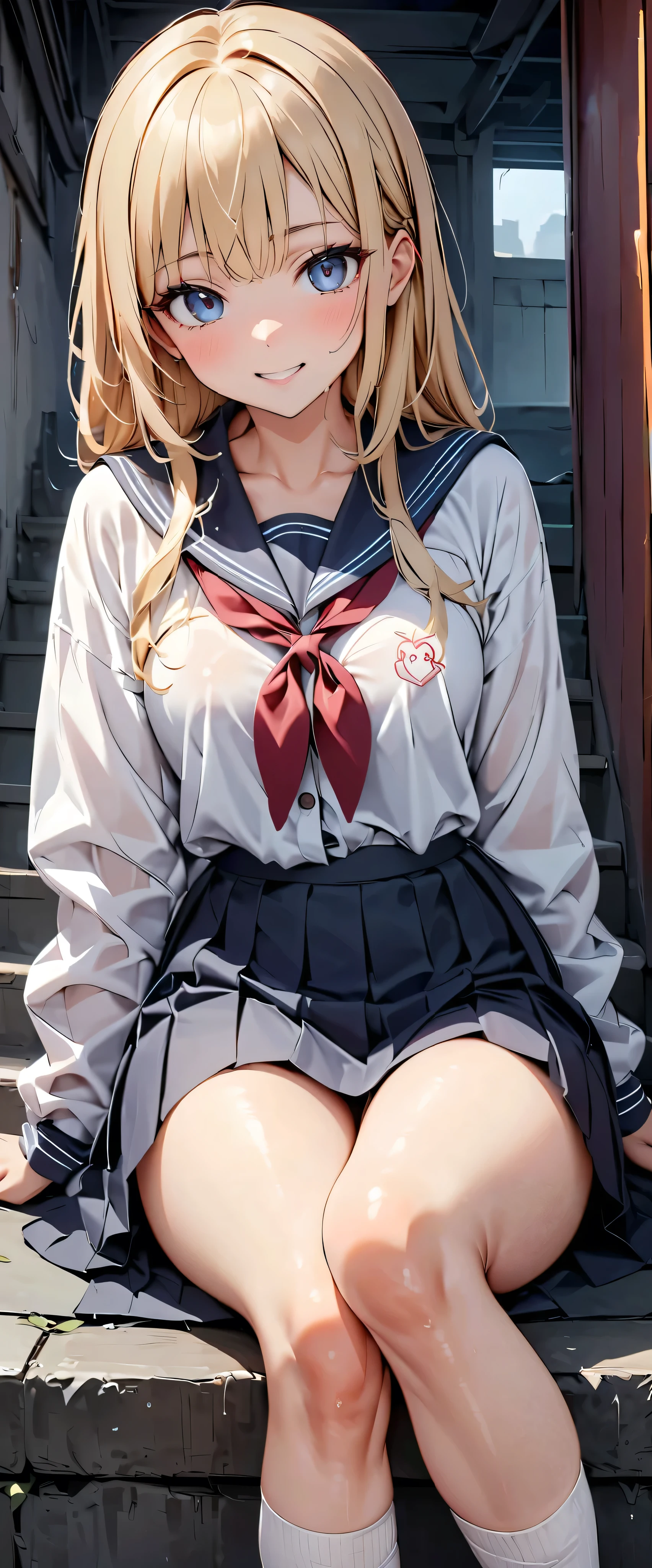 High resolution, Beautiful woman, High detail, Good lighting, Obscene, transformation, (((Perfect Anatomy、Anatomically correct、Highly detailed skin)))、Visible nipples、（White sailor suit、Navy blue pleated skirt）, (((Be incontinent))), (((Peeing))), (((Peeing on your own))), (Pee running down my legs), Pee stains, (puddle), (Thick thighs), Nice long legs, lipstick, Detailed face, Pretty face, Embarrassed and blushing face, Humiliated, ((Spread your legs)), (squat), Small breasts、（short hair、Bobcut、Blonde）、School rooftop