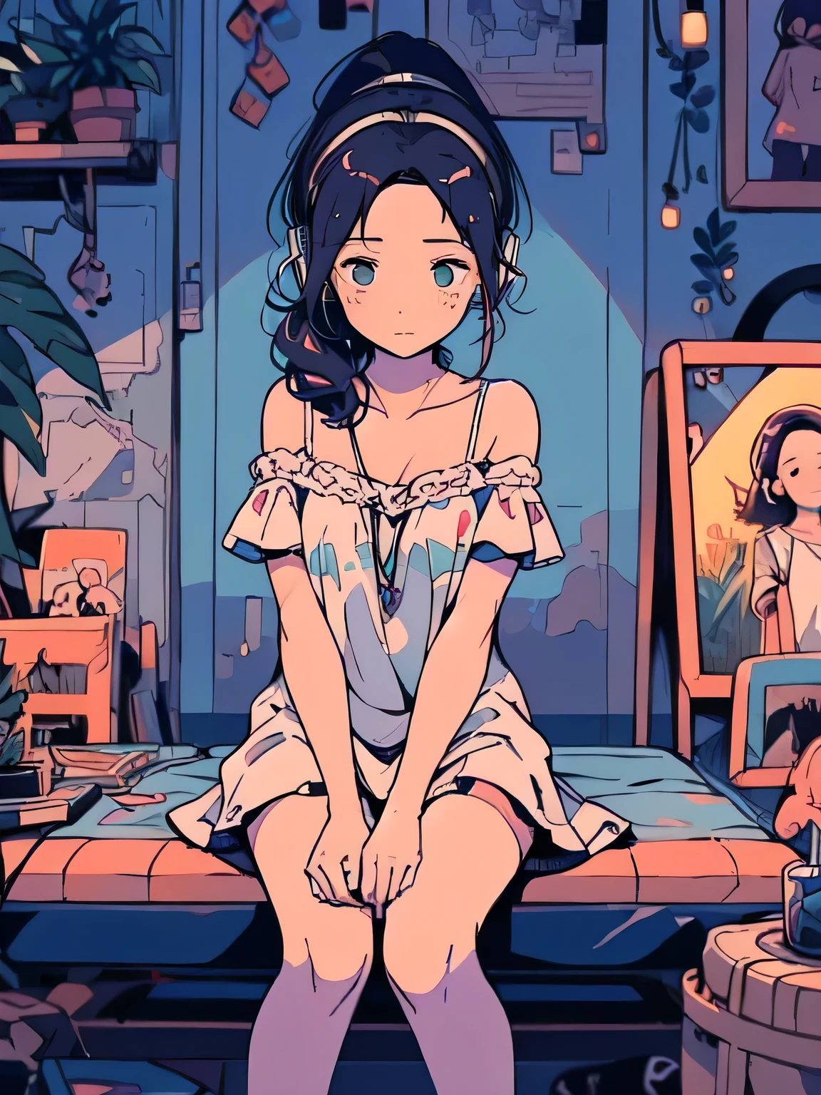 Alone,(upprbody:0.5),(sitting),(looking away:1.3),(black color ponytail),(forehead:1.3),((closed up cute face:1.3)),(offshoulder), headphones, detailed sexy dress,gem,Night Sky,bench,garden, detailed graffiti ,Way home from a drinking party ,makeup:1.3,eyelash:1.3, nostalgic idea ,Emotional scene ,(sharpness line),(manga style),(sketch),(illustration), masterpiece, Best Quality ,