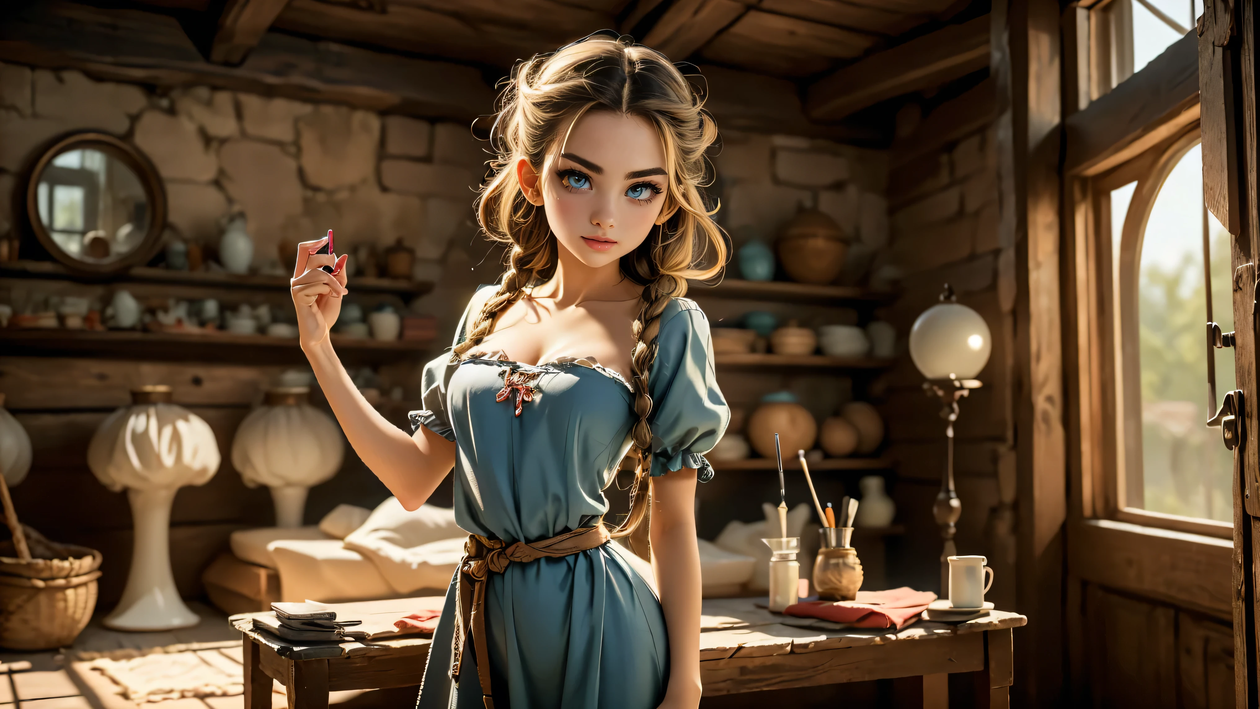 Masterpiece, Hi-detailed, best quality, 8K, (realistic:1.2), ((single girl, solo, only one girl)), standing, ((servant girl)), ((loli)), ((makeup)), ((long eyelashes, mascara, eyeliner)), ((girl standing at the door)), ((welcoming you home, excited for you)), (wanting to embrace you), ((cute, young, yr)), (tall and lanky), (Skinny), (thin frame), (fit, body), (feminine body), (small braids in her hair), (small breasts, round breasts), ((peasant clothes)), ((extremely revealing)), cleavage, beautiful, perfect face, perfect body, large eyes, blue eyes, standing looking at a beautiful vista, Middle Ages, Fantasy,