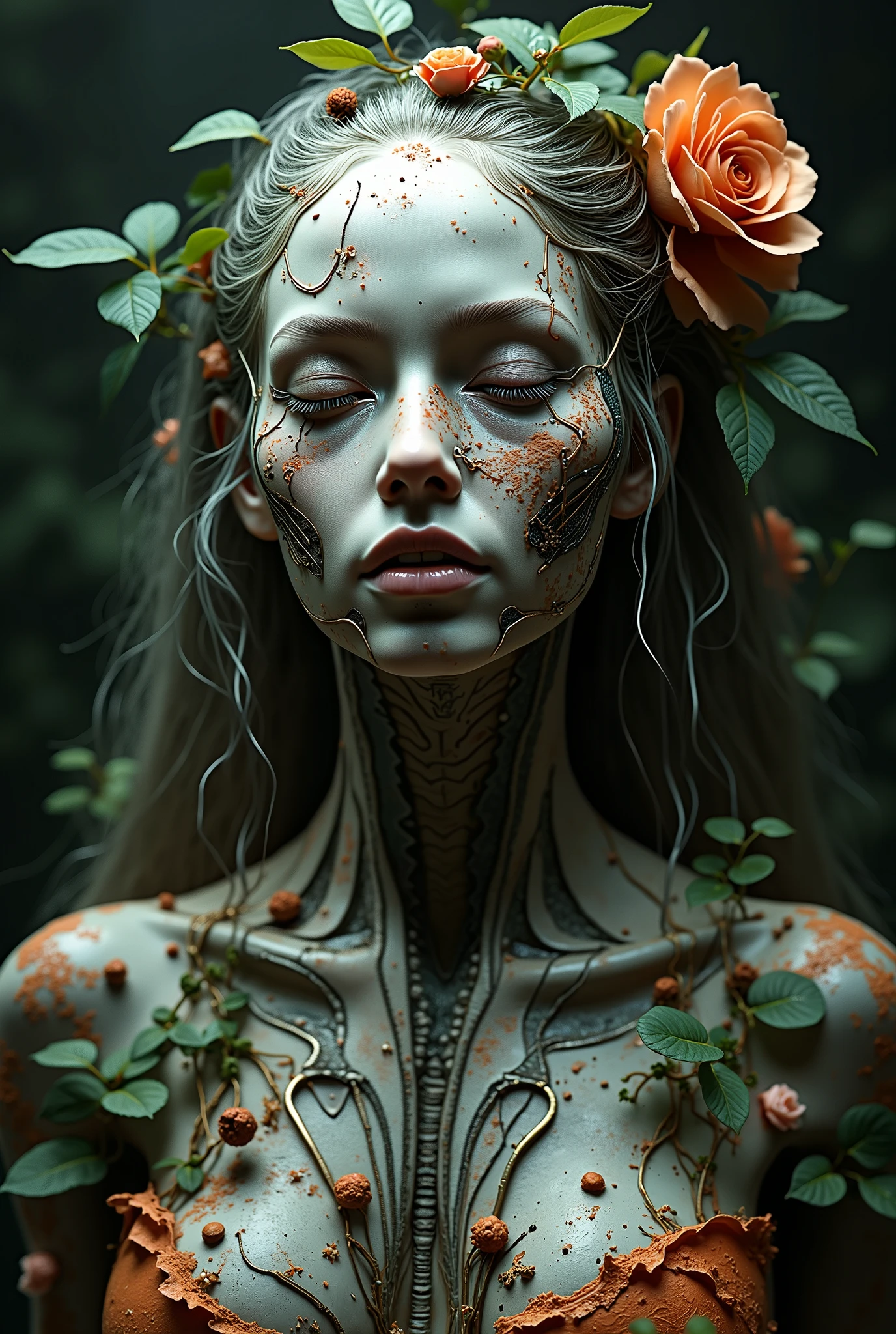 create Mother Earth ,  with cyberpunk-style facial parts ,  with plants around him ,  that doesn't fit the perspective ,Nor is it realistic , In the dark,  create it more designs and tattoos ,   makes the face less user-friendly,  and surround him ,  the same thing now but more mechanical  