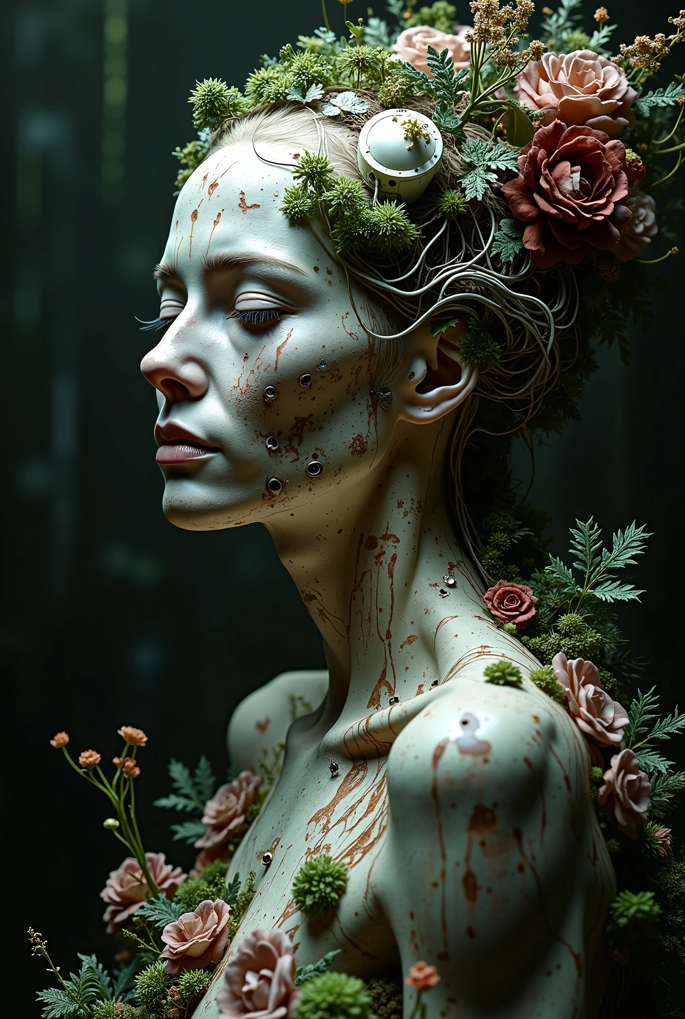 create Mother Earth , with cyberpunk-style facial parts , with plants around him , that doesn't fit the perspective ,Nor is it realistic , In the dark, create it more designs and tattoos , makes the face less user-friendly, and surround him , the same thing now but more mechanical