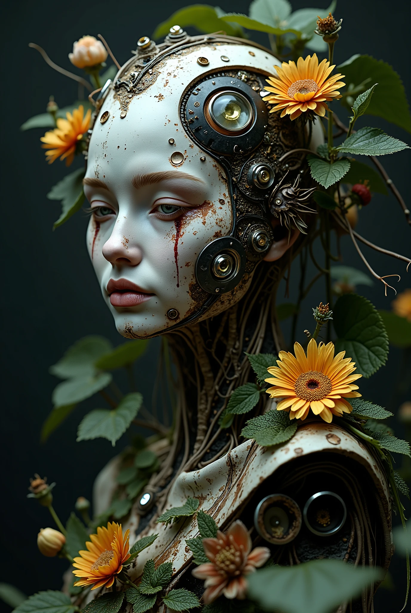 create Mother Earth , with cyberpunk-style facial parts , with plants around him , that doesn't fit the perspective ,Nor is it realistic , In the dark, create it more designs and tattoos , makes the face less user-friendly, and surround him , the same thing now but more mechanical