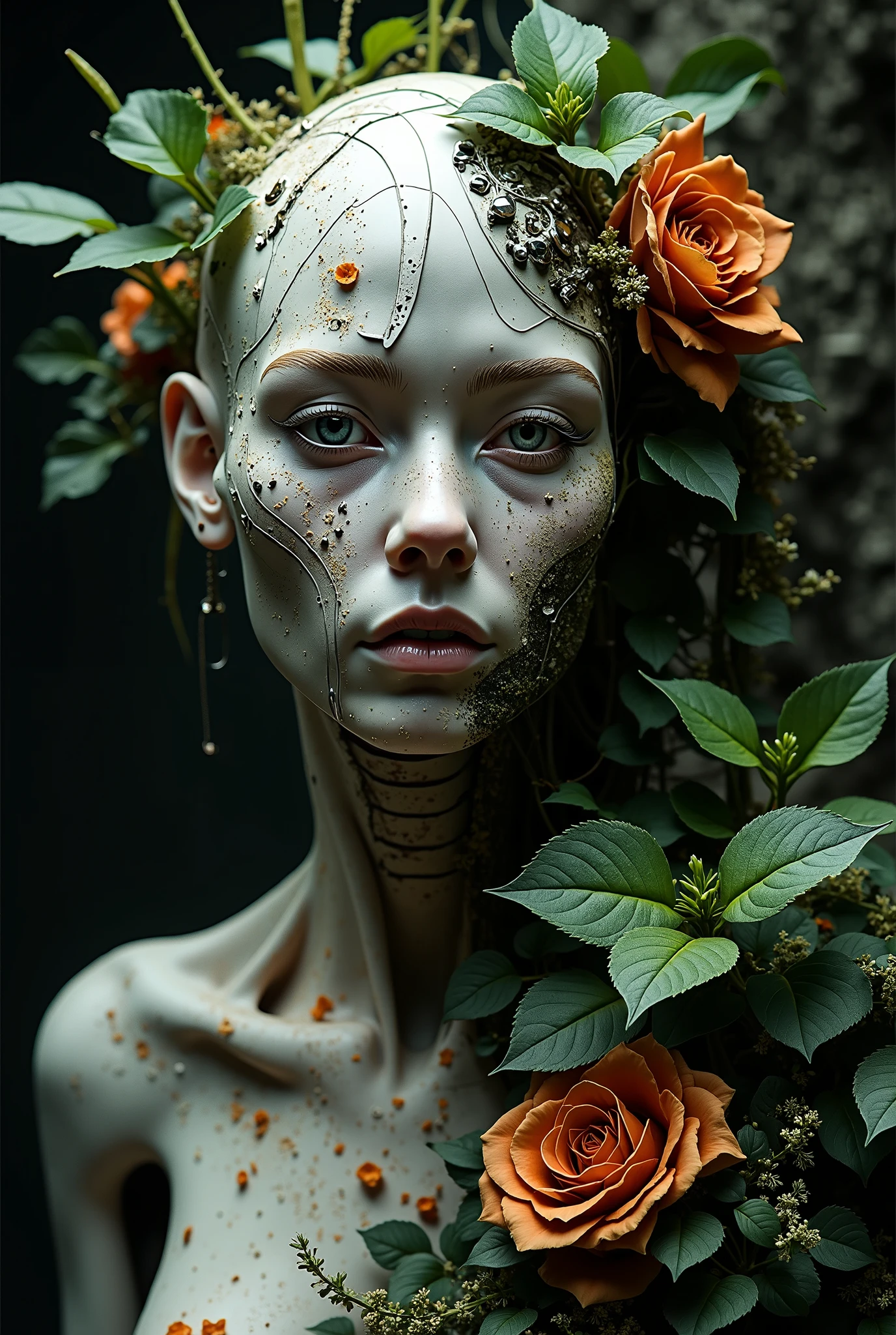  create Mother Earth ,  with cyberpunk-style facial parts ,  with plants around him ,  that doesn't fit the perspective ,Nor is it realistic , In the dark,  create it more designs and tattoos ,   makes the face less user-friendly,  and surround him ,  the same thing now but more mechanical  