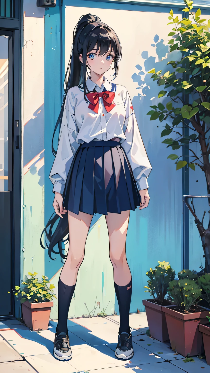 Anime girl in a short skirt and bow tie standing in front of a building ...
