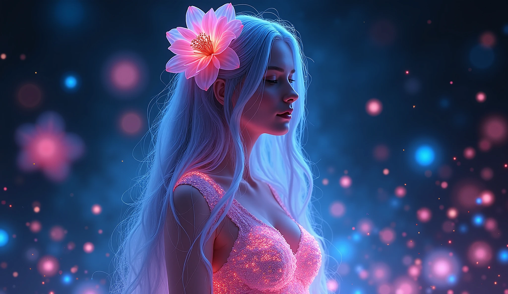 There is a woman with long hair and a flower in her hair - SeaArt AI