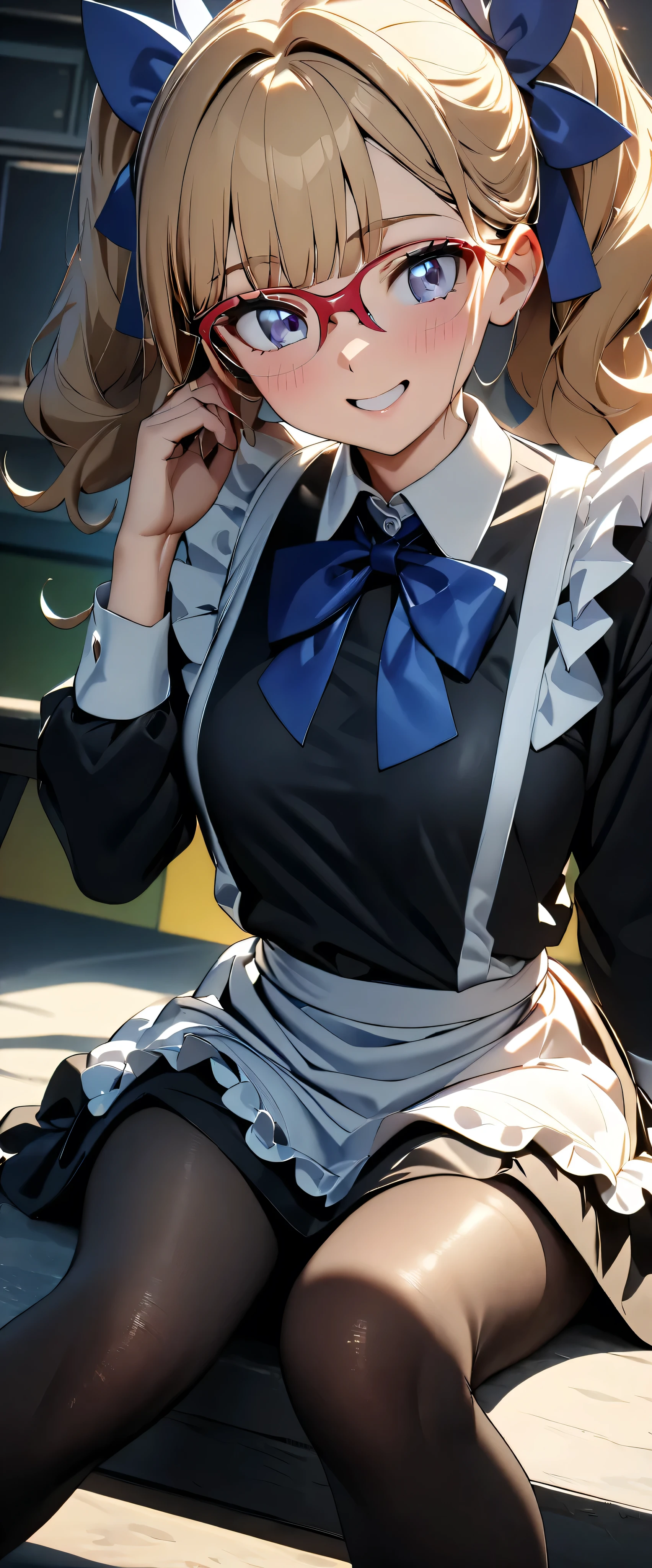 (highest quality:1.2, 4K, 8k, Studio Anime, Very detailed, up to date, Vibrant, High detail, High Contrast, masterpiece:1.2, highest quality, Best aesthetics), (((1 girl))), Sitting, Maid, Maid服, Blue Ribbon, Frills, Open your mouth slightly:1.2, smile, Dynamic Angle, Low - Angle:1.3, 40 denier black tights, Get closer, Friendly atmosphere, Fun and young々Shii々Cool vibe, Precision and focus, Striking contrast,