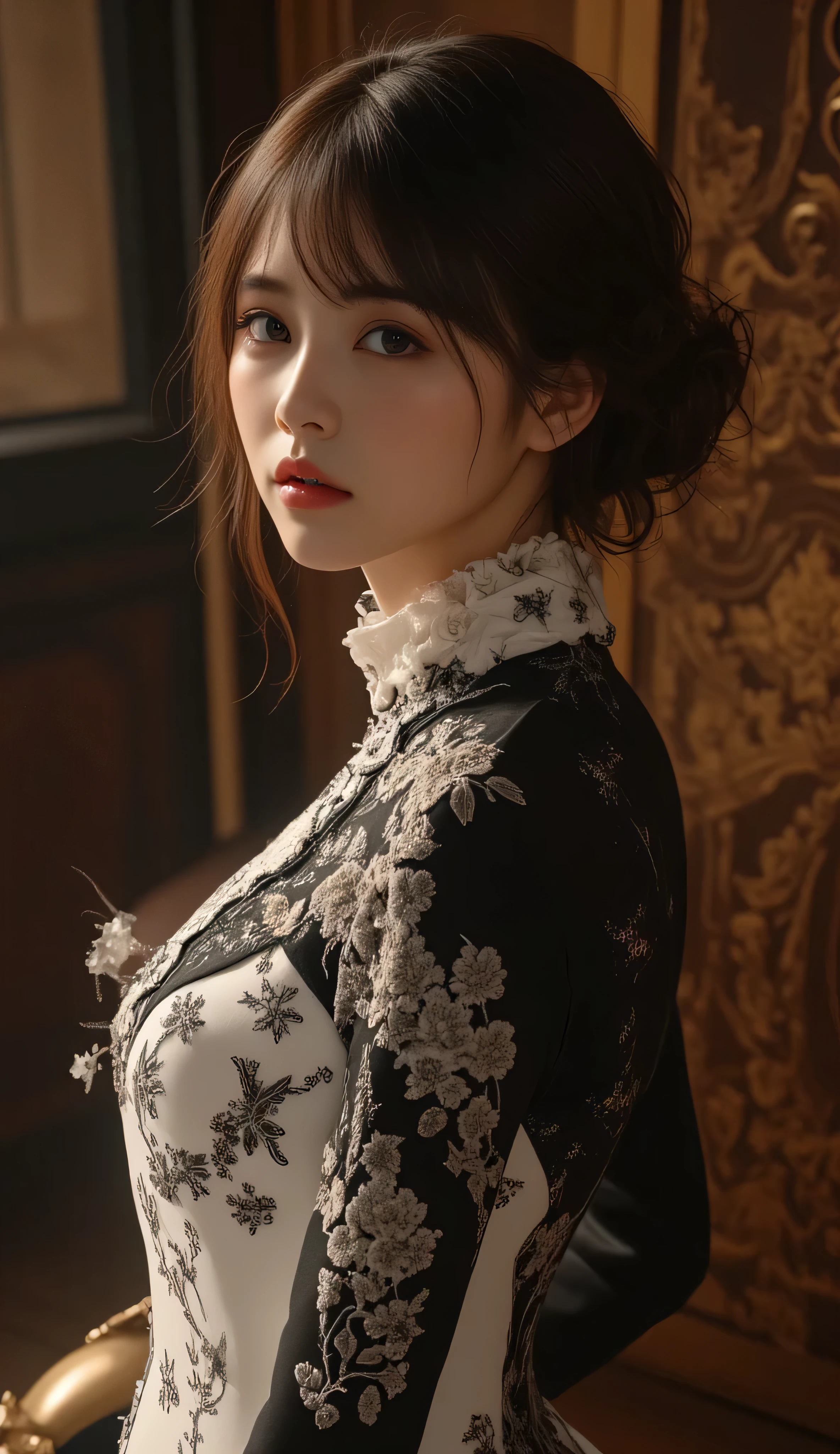 (RAW photo,) (Full shot, full body in frame, Side view focus, Dutch Angle), ((Asian adult female, simple makeup, hime bangs, black hair, natural white skin, body is quite fat, medium breasts, one-person), (indonesia kebaya dress: white-black indonesian kebaya dress), (long length, elegant, embroidered, decoration, fascinating), cinematic lighting, random posing, stylish, sexy),