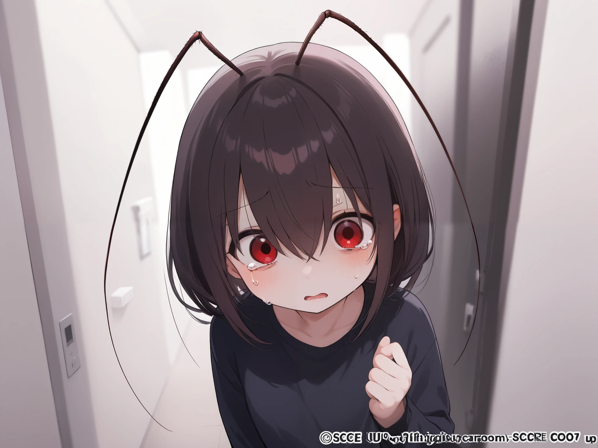 room,  very  cockroach girl, cockroach carapace, Closely, Scared expression , teardrop
