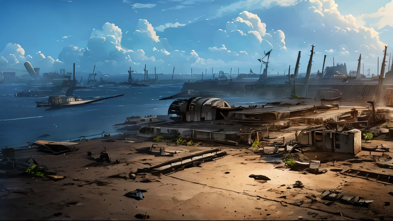 (( Soratrobo's Worldview )),(Ruined battery site inside Sky Island),sea of clouds, Graveyard of Air Battleships ,Blue Sky , Iron Rust Is Decaying,(Floating in the air),(Lots of weapon wreckage),Slam Style ,