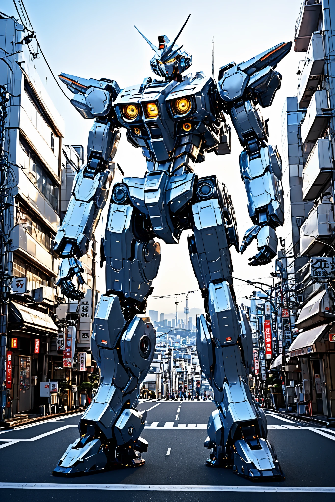 Super giant robot,whole body,東京の都市に立つ,Overlooking the city,Detailed Gear,Sparkling Eyes,matte surface, mechanical movement standing in the city of Tokyo, realistic design standing in the city of Tokyo,( Top Quality, high definition that also concentrates on the crotch), cool tone , SOFT AMBIENT ,