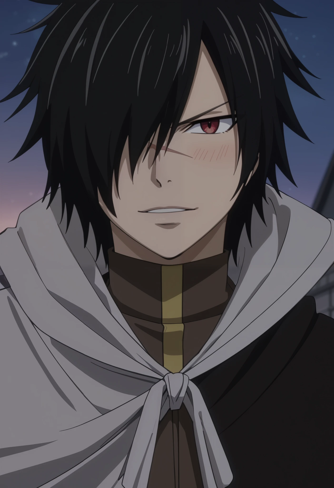 score_9, score_8_up, score_7_up, official style, intricate details, anime screencap, depth of field, 1boy, solo, male focus, rogue_cheney, black hair, red eyes, , hair over one eye, scar, close-up, a dark and elegant outfit, consisting of a long black hooded cloak, close-fitting to the body. He wears a dark long-sleeved shirt under the cape, tight black pants and knee-high leather boots. (with a tender smile, slight blush, smiles in love.) dark night sky background with soft shadows, soft blue lighting highlighting his features, high-quality anime details, vivid colors, official style