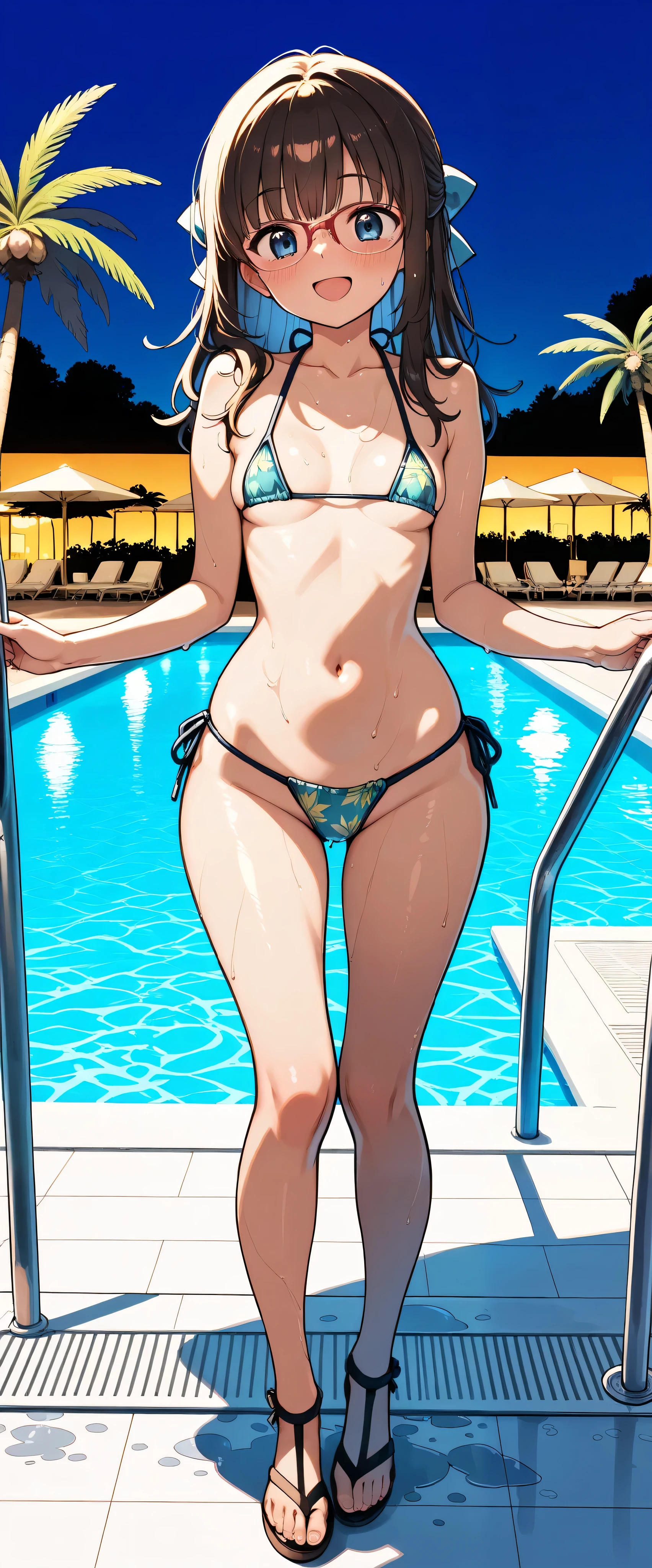 (Masterpiece), best quality , , perfect face , 1 girl,dawn,, small breasts, Wide Hips , thin waist , (), micro bikini, sexy bikini, With ribbon,Patterned Swimsuit , salon, Heeled Sandals, good_feet, blanking,smile,Swimsuit model, standing, feetを開いて, wet, wet body, excited,I'm posing for the camera, beach resort ,Pool Party, poolside, coming out of the pool , palm trees, Cowboy Shooting ,,Glasses