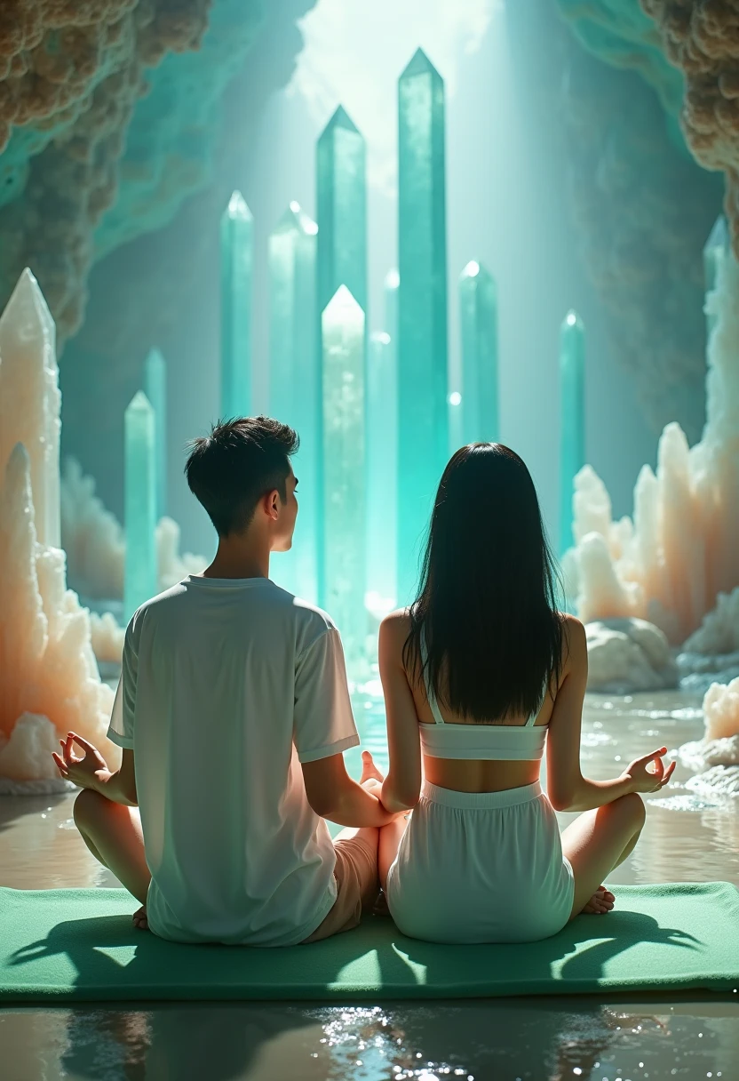 give me 2 asians meditating sitting in a big astral temple full of nature
