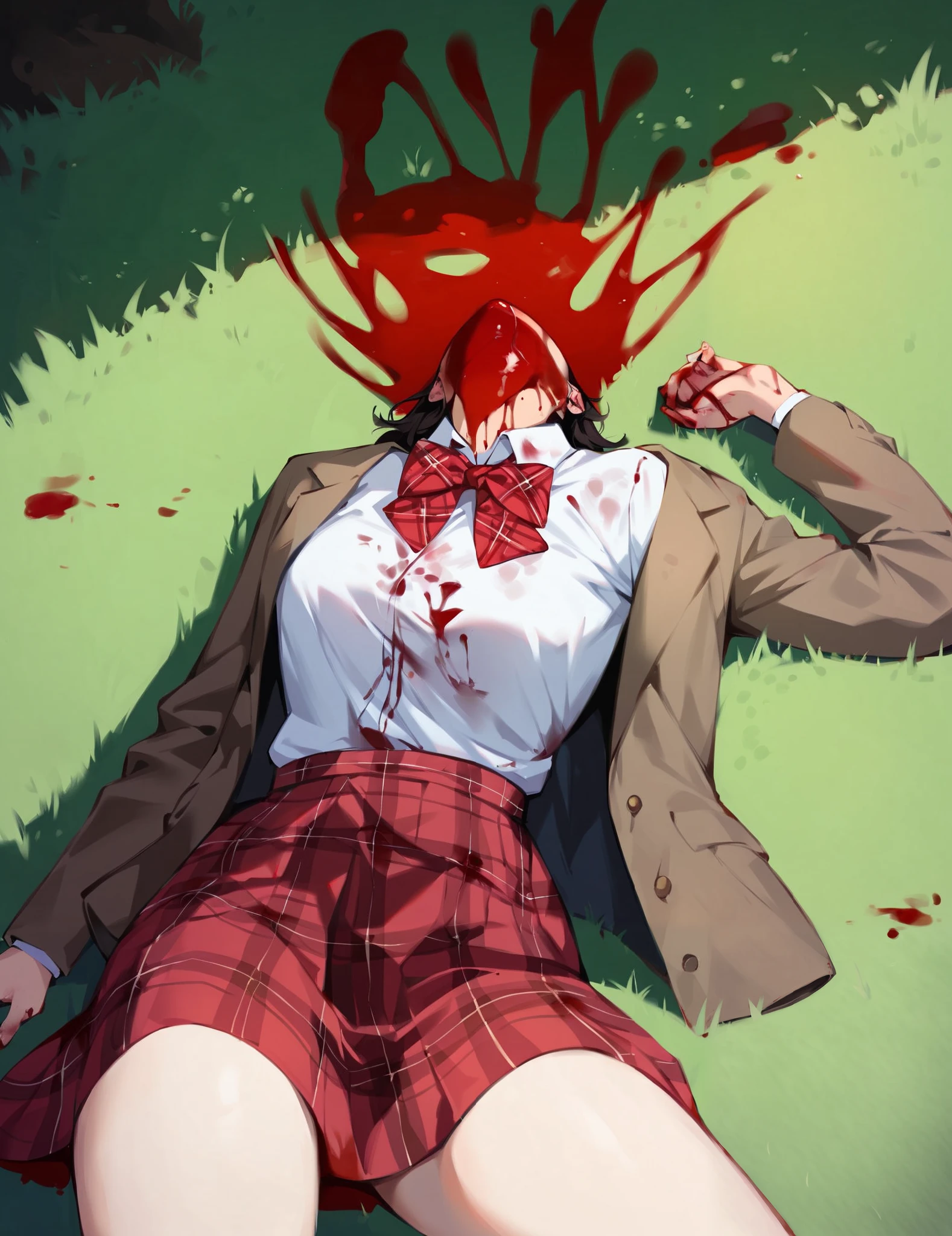Masterpiece, hd, gore, (gore:1.3), blood, (blood:1.2), a much of bloods, missing heads, explode heads, broken heads, (missing heads:1.2), brown blazer, opened jacket, plaid skirt, red skirt, long sleeves, white shirt, red bowtie, collared shirt, outdoor, lying, lying on ground, grass