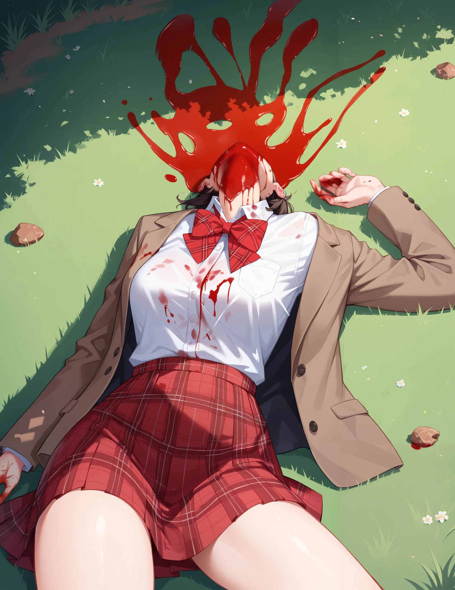Masterpiece, hd, gore, (gore:1.3), blood, (blood:1.2), a much of bloods, missing heads, explode heads, broken heads, (missing heads:1.2), brown blazer, opened jacket, plaid skirt, red skirt, long sleeves, white shirt, red bowtie, collared shirt, outdoor, lying, lying on ground, grass