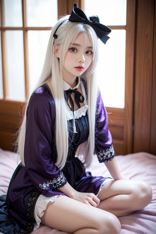 (best quality, very detailed, Realistic photos:1.37), silver haired woman, magical blue eyes, Happy woman beats eggs with chopsticks, soft light, pink apron, illustration, smooth, flowing hair, Gentle breeze, shiny hair, thick egg whites, Close-up of black stockings, mitt, chef hat.